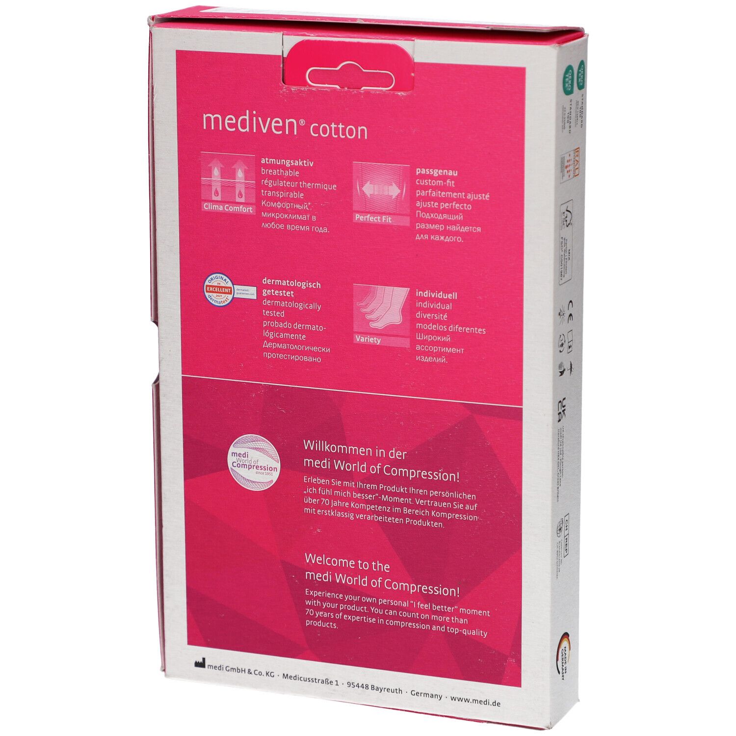 Rückseite der Mediven Cotton Verpackung. Pinkfarbener Hintergrund mit Produktinformationen und Logos.