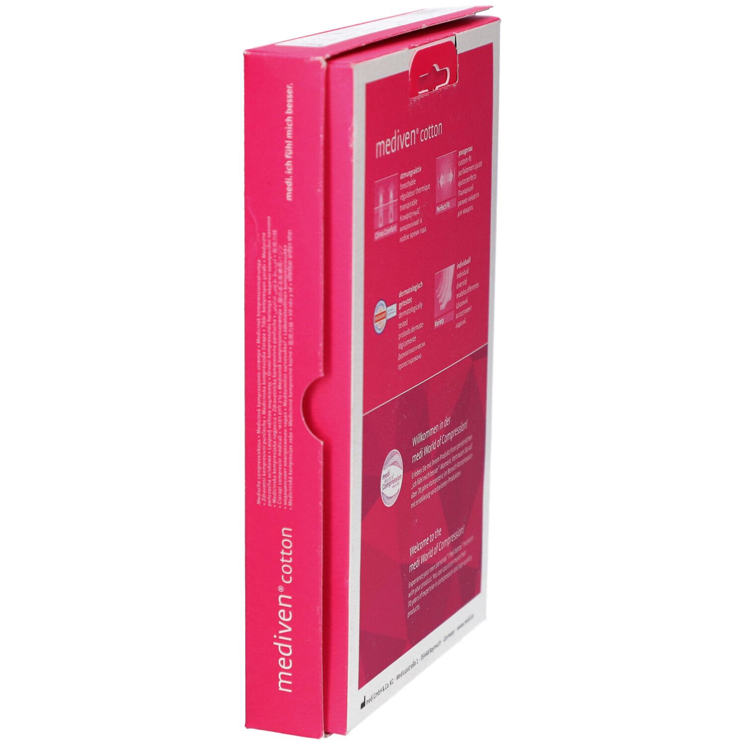 Seitenansicht der Mediven Cotton Verpackung. Pinkfarbener Hintergrund mit Produktinformationen.
