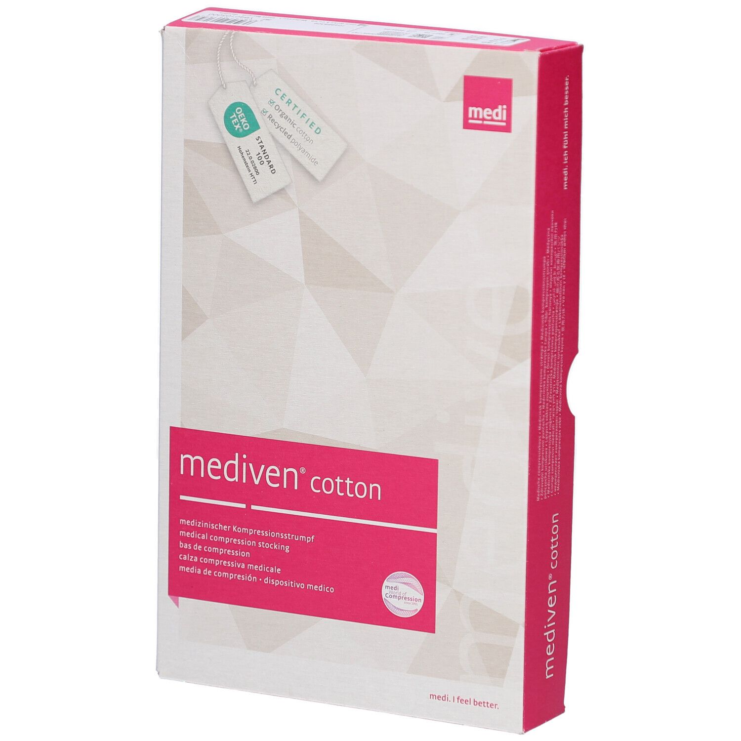 Verpackung von Mediven Cotton Kompressionsstrümpfen. Weißer Karton mit rosa Akzenten und Produktinformationen. Zertifizierungs-Etiketten.
