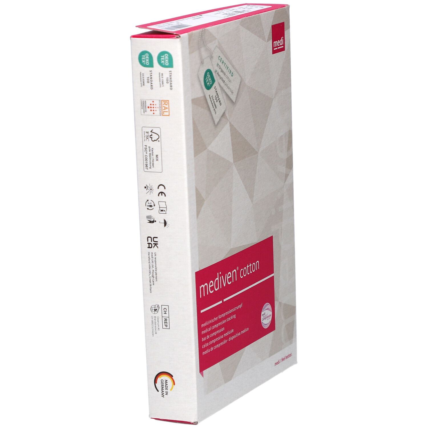 Mediven Cotton Verpackung, Seitenansicht. Weißer Karton mit rosa Akzenten. Produktinformationen und Zertifizierungen sind sichtbar.