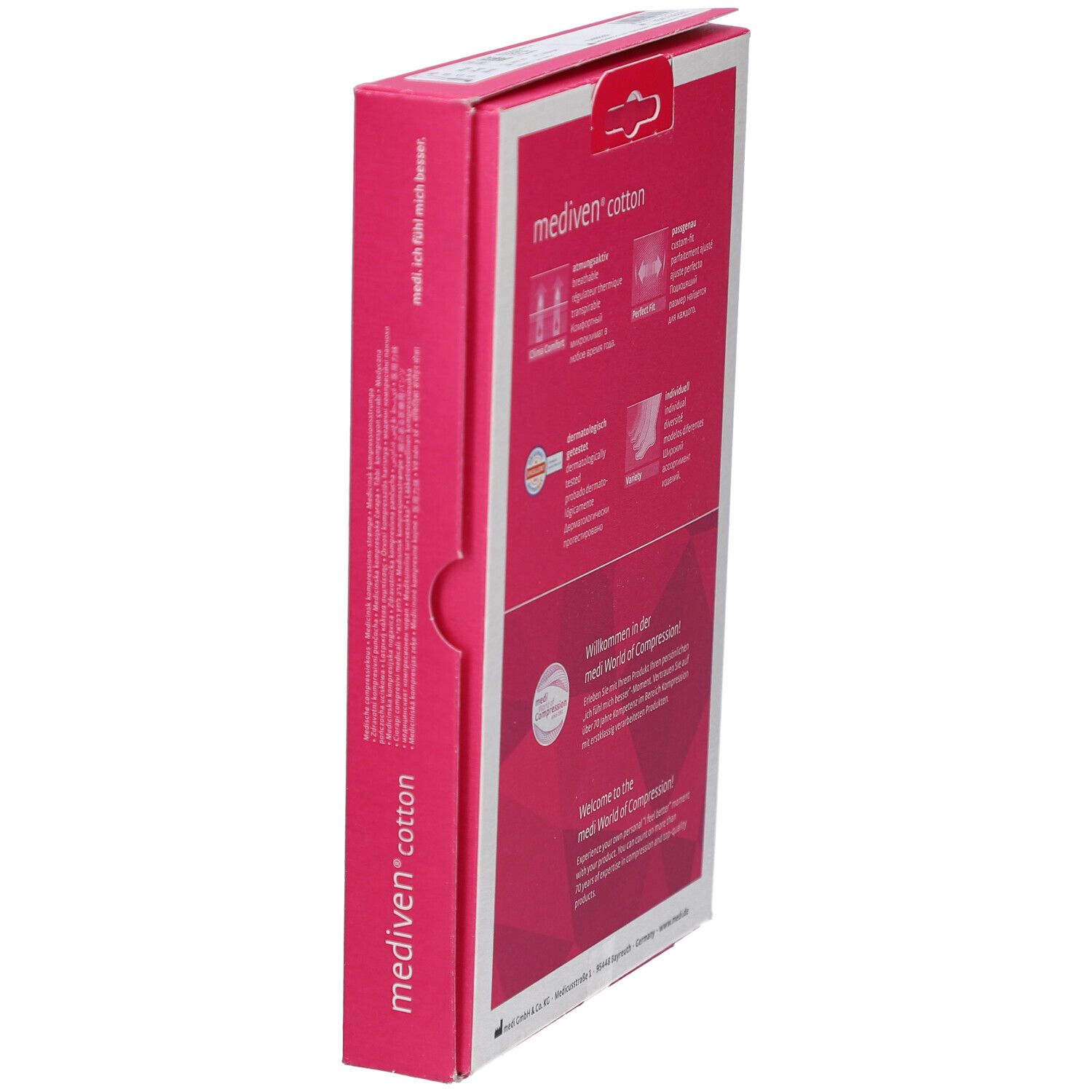 Seitenansicht der Mediven Cotton Verpackung. Rosa Akzent mit Produktnamen. Informationen und Logos.