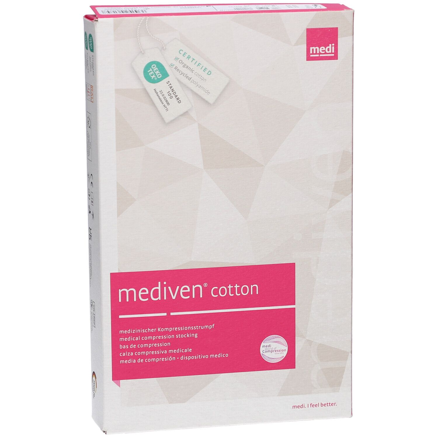 Mediven Cotton Verpackung. Weißer Karton mit rosa Akzenten und Produktinformationen. Zertifizierungs-Etiketten.