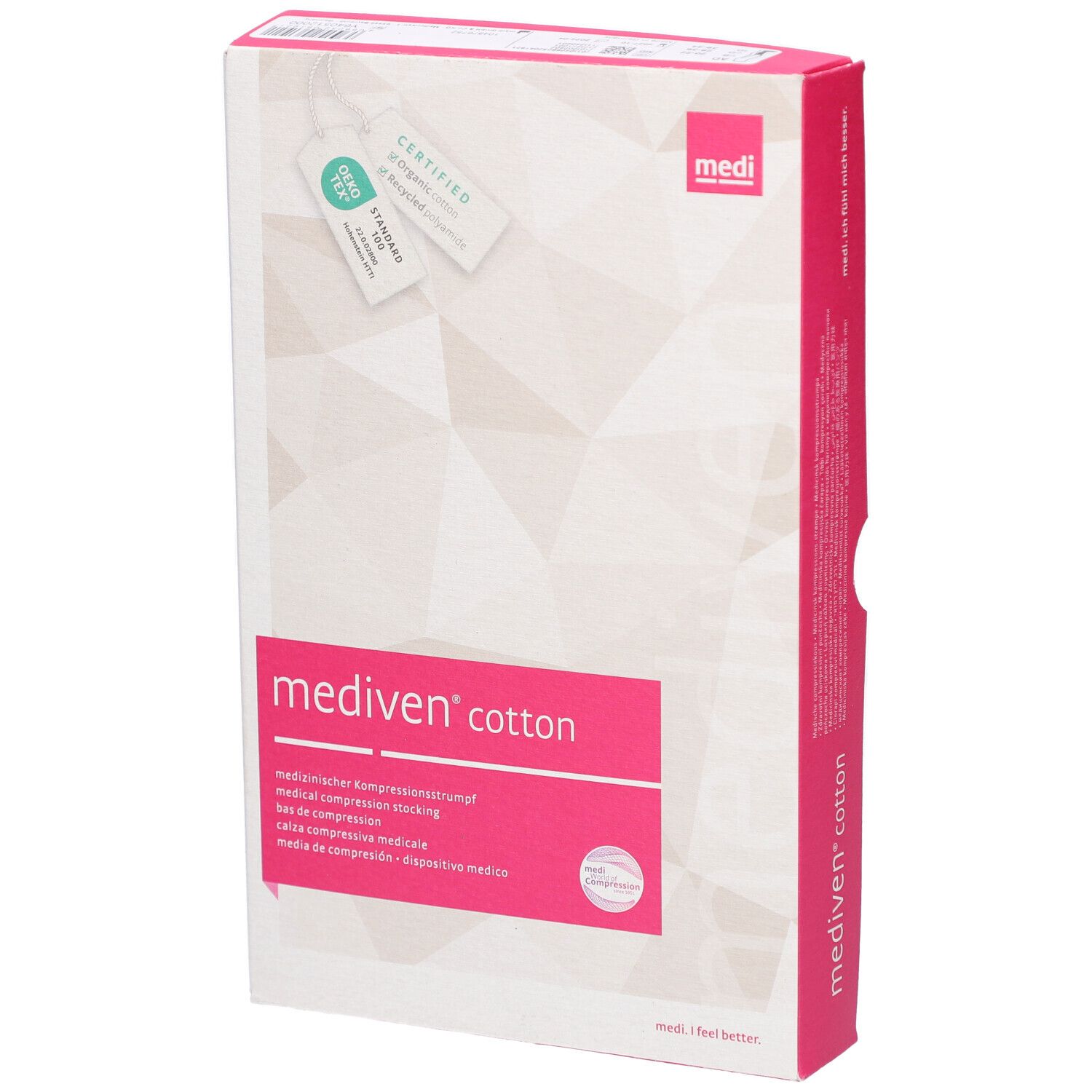 Verpackung von mediven® cotton Kompressionsstrümpfen. Weißer Karton mit rosa Akzenten und Produktinformationen. Medi-Logo.