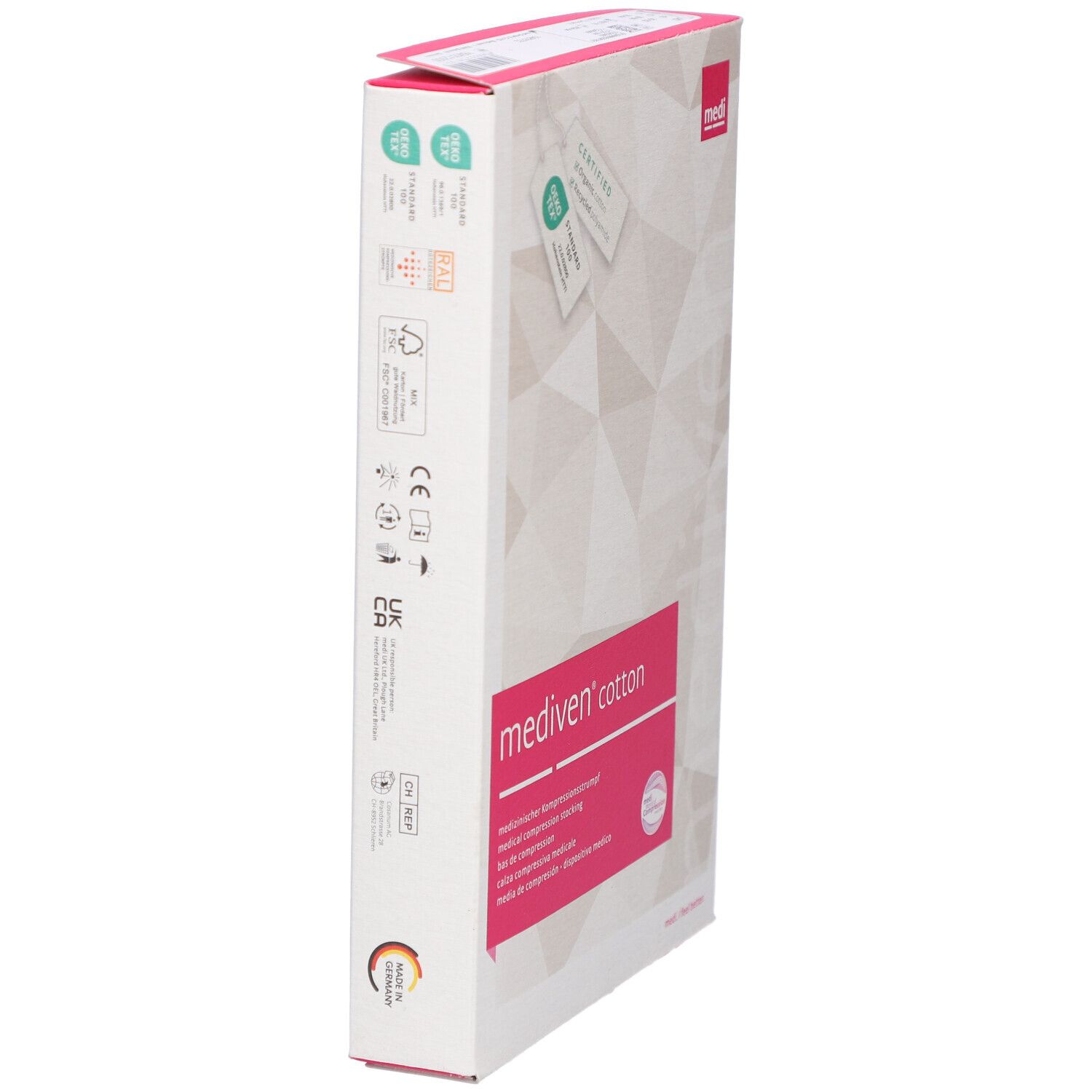 Seitenansicht der Verpackung von mediven® cotton. Weißer Karton mit rosa Akzenten und Produktinformationen. Medi-Logo und Zertifizierungen.