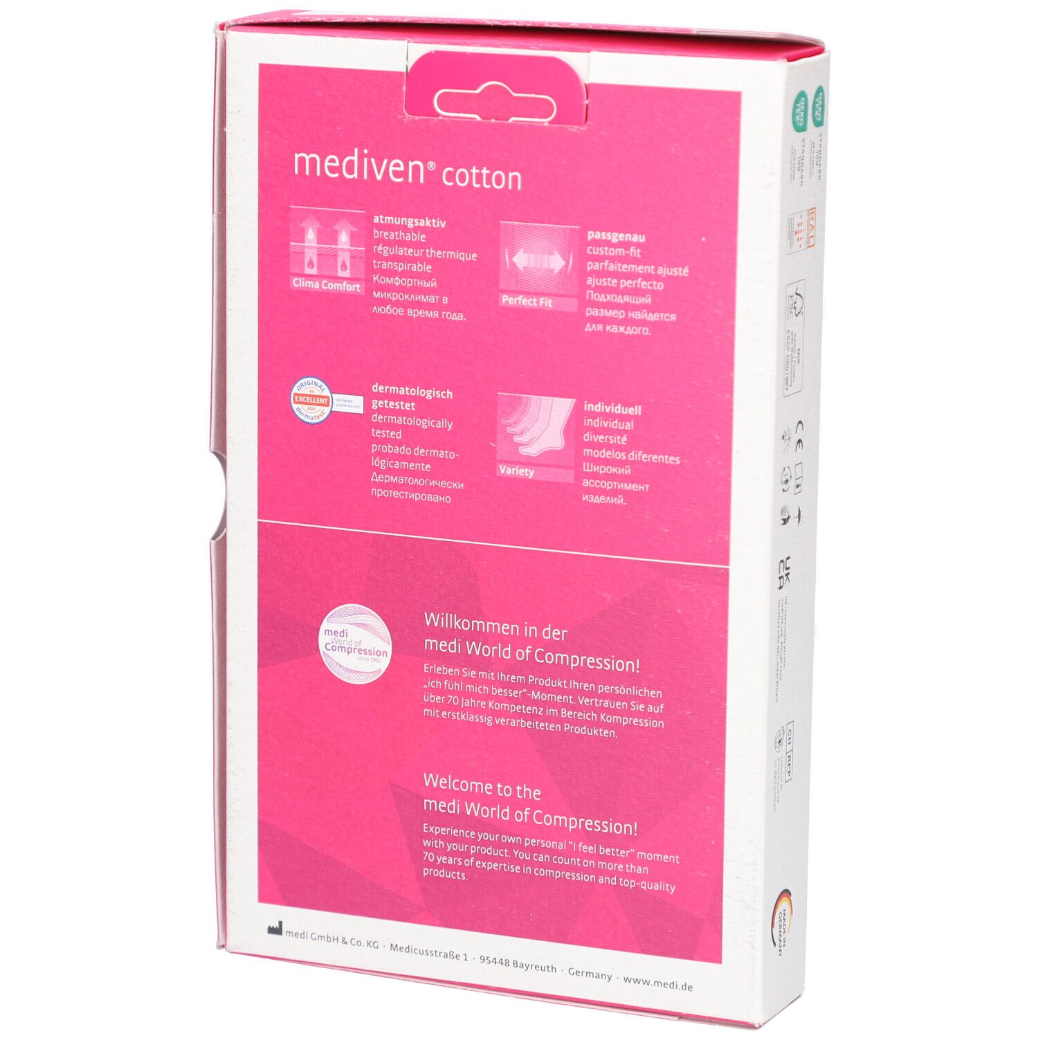 Rückseite der Verpackung von mediven® cotton. Rosa Hintergrund mit Produktinformationen und Logos. Medi-Logo.