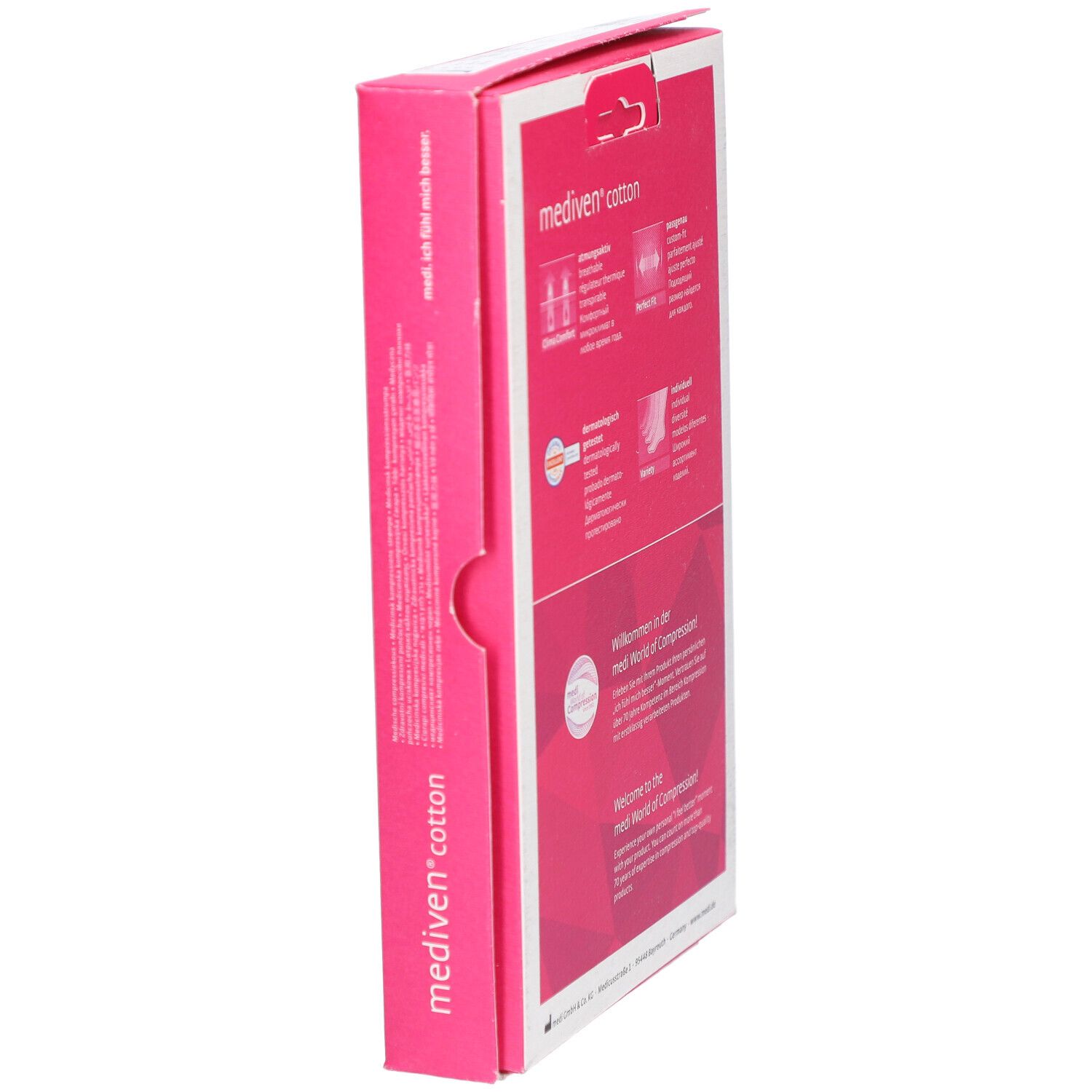 Seitenansicht der Verpackung von mediven® cotton. Rosa Hintergrund mit Produktinformationen. Medi-Logo.