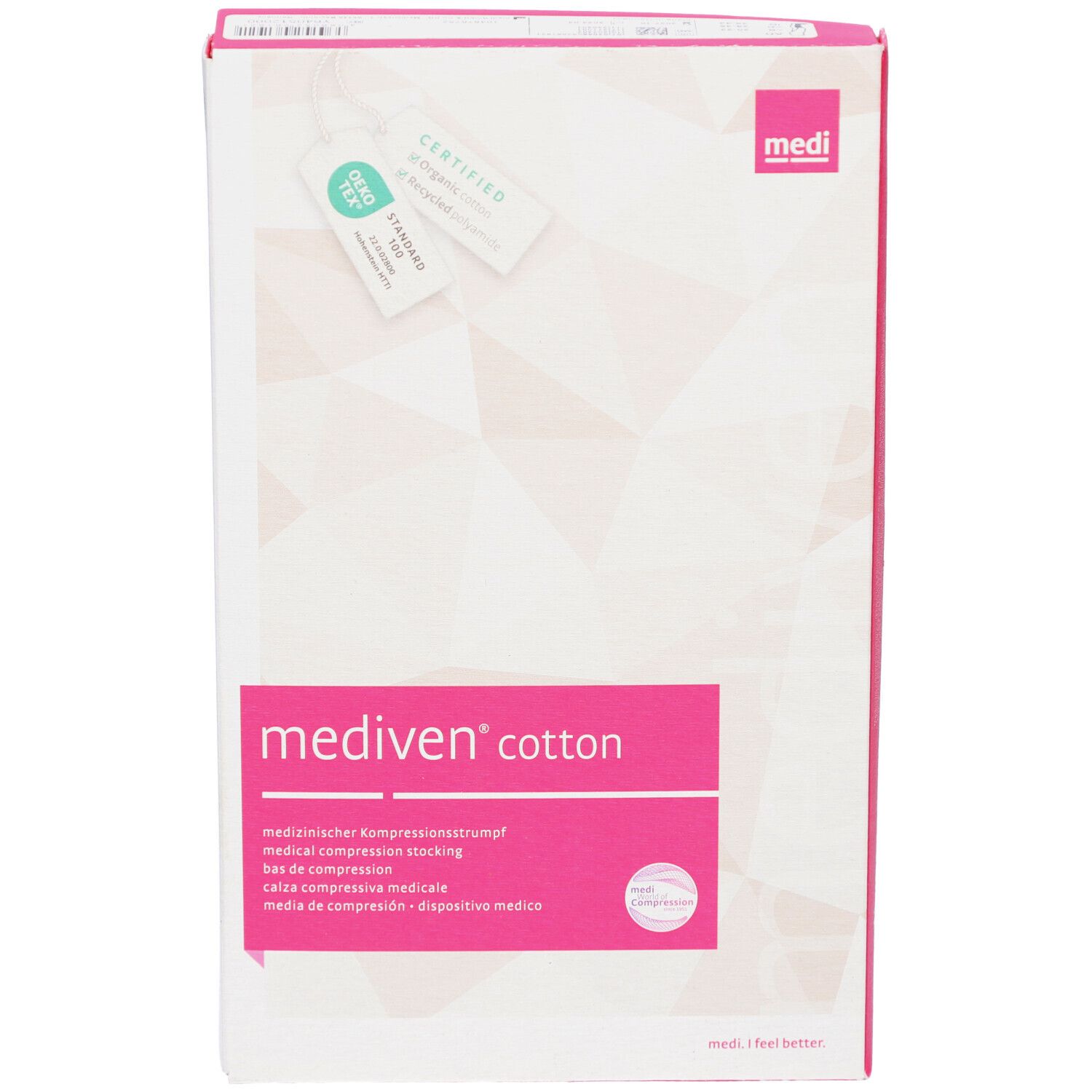 Vorderansicht der Verpackung von mediven® cotton. Weißer Karton mit rosa Akzenten und Produktinformationen. Medi-Logo.