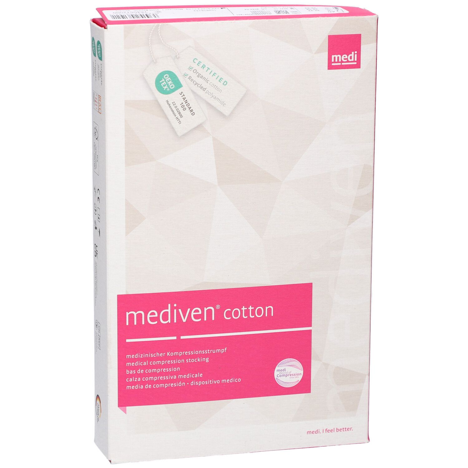 Vorderansicht der Verpackung von mediven® cotton. Weißer Karton mit rosa Akzenten und Produktinformationen. Medi-Logo.