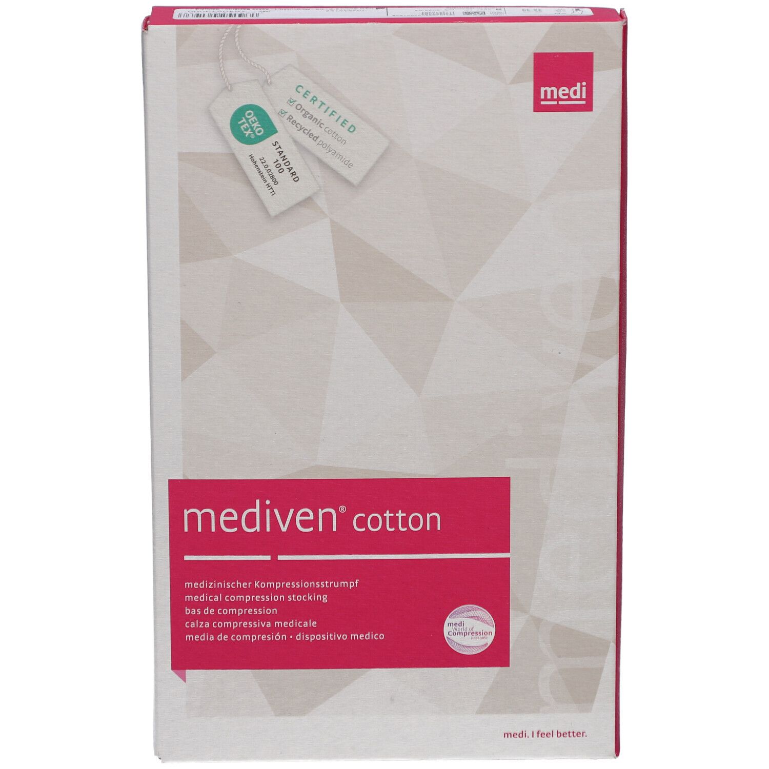 Verpackung von mediven® cotton Kompressionsstrümpfen. Rosa Label mit Produktnamen. Zertifizierungsanhänger. Weißer Karton mit geometrischem Muster.