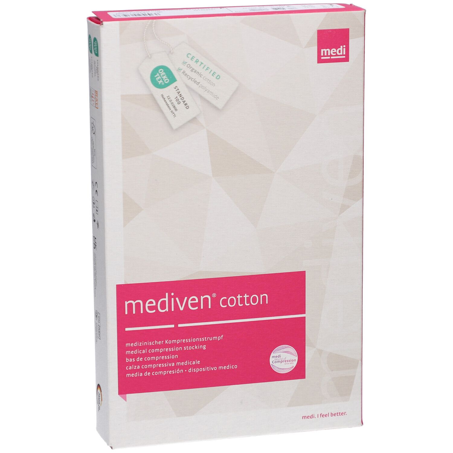 Verpackung von mediven® cotton Kompressionsstrümpfen. Rosa Label mit Produktnamen. Zertifizierungsanhänger. Weißer Karton mit geometrischem Muster.