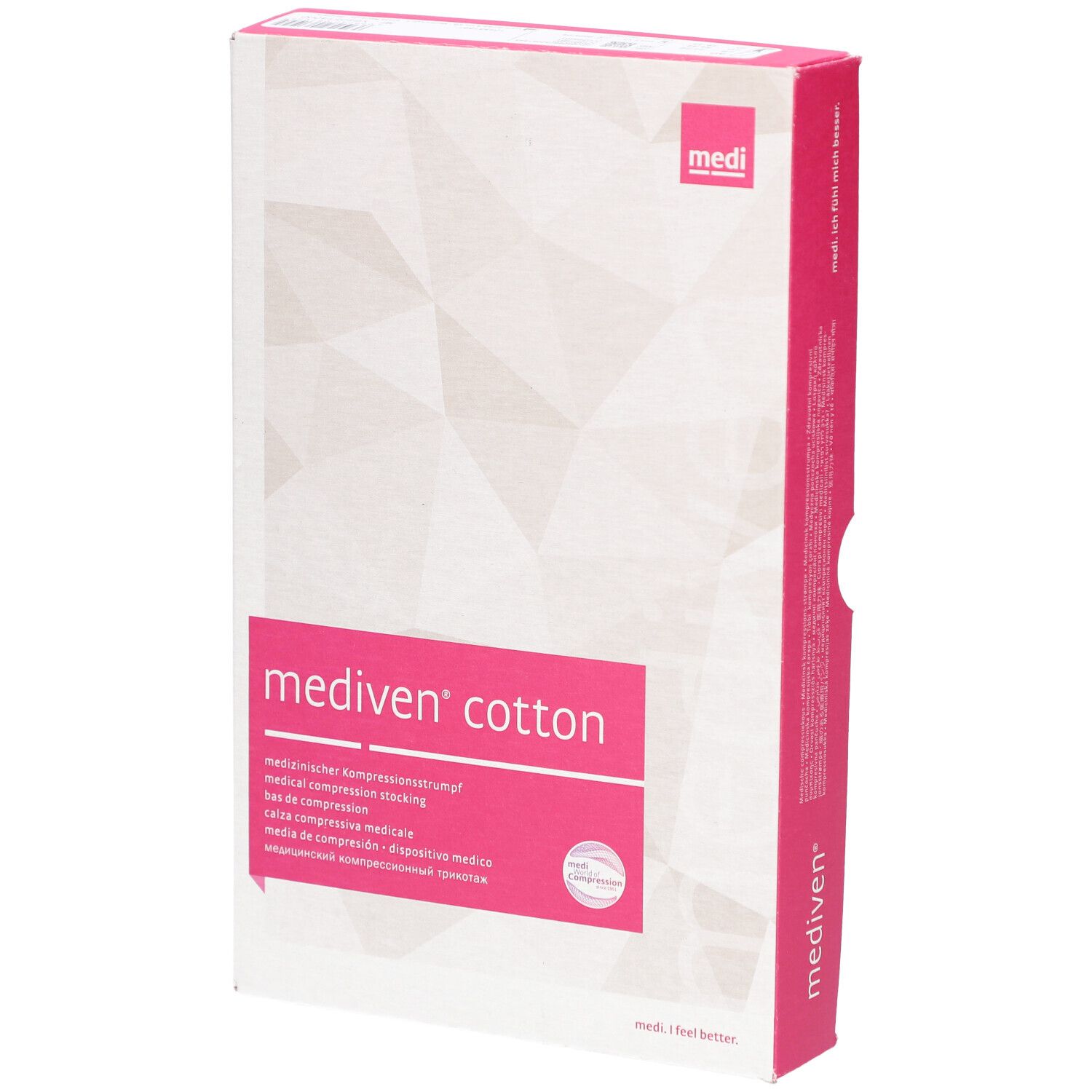 Verpackung von mediven® cotton Kompressionsstrümpfen. Weißer Karton mit pinkfarbenen Akzenten. Produktname und medizinische Beschreibung.