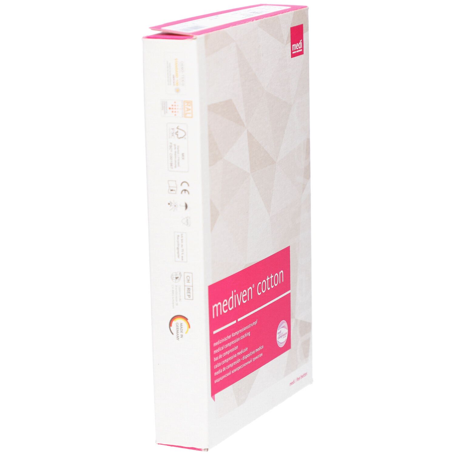 Seitenansicht der mediven® cotton Verpackung. Weißer Karton mit pinkfarbenen Details. Produktname und Logos.