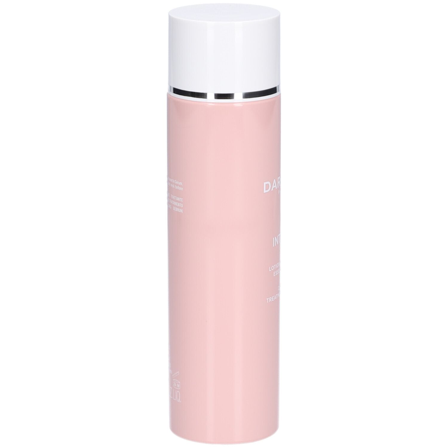Rosa Flasche mit weißem Deckel. Produktname und Text sind sichtbar.