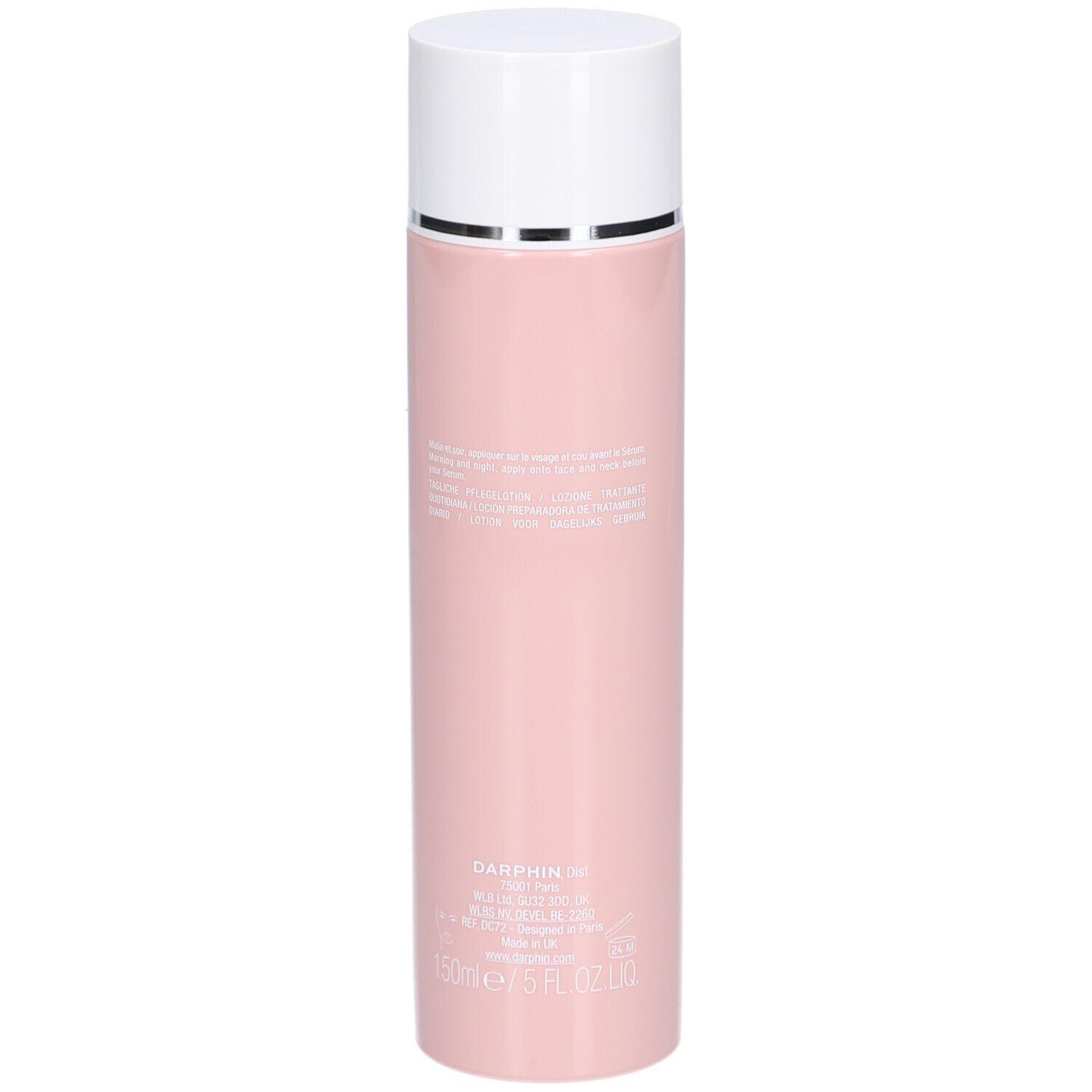 Rosa Flasche mit weißem Deckel. Text und Produktinformationen sind sichtbar.