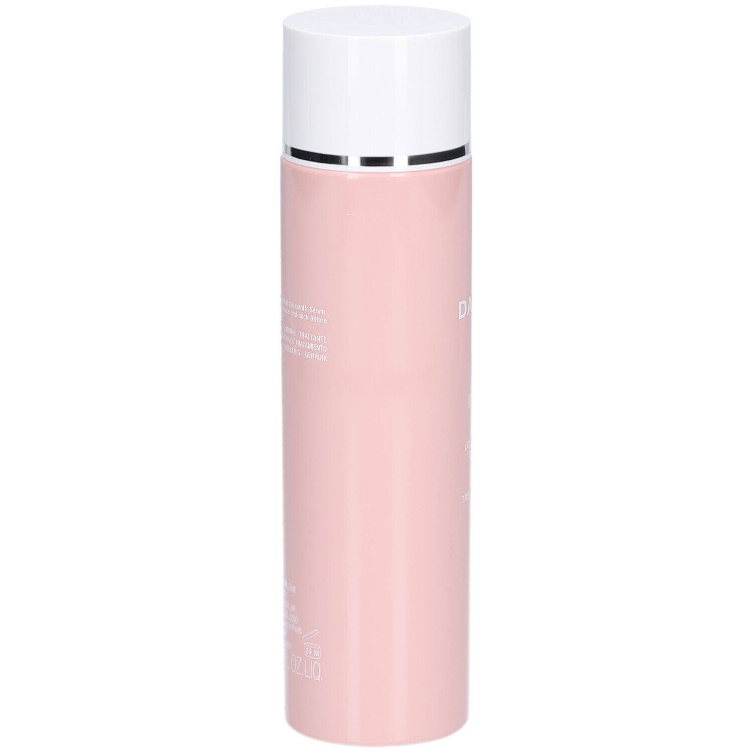 Rosa Flasche mit weißem Deckel. Text und Produktinformationen sind sichtbar.
