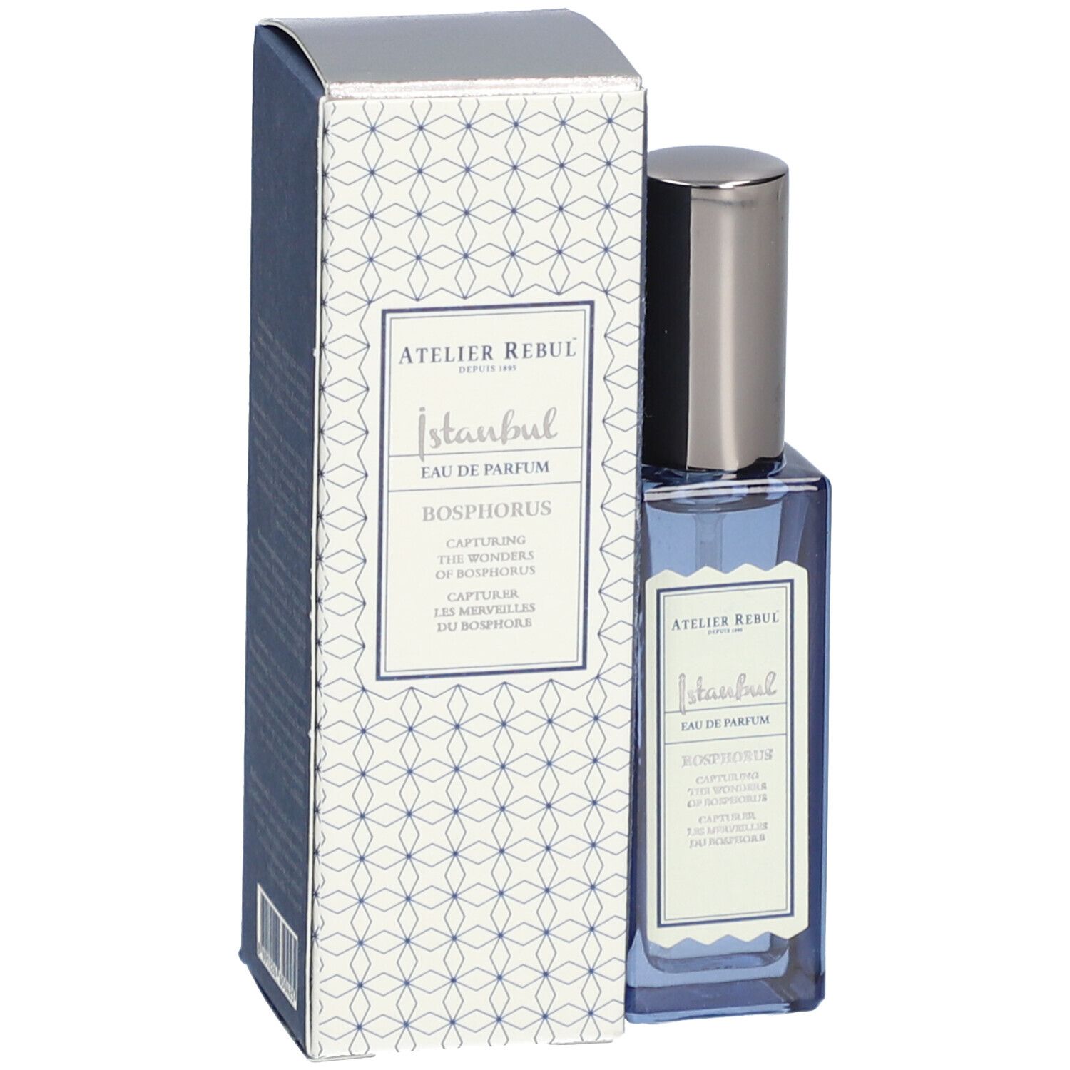 Blaues Parfumflakon mit silbernem Deckel und Verpackung. Aufschrift: Istanbul Bosphorus.