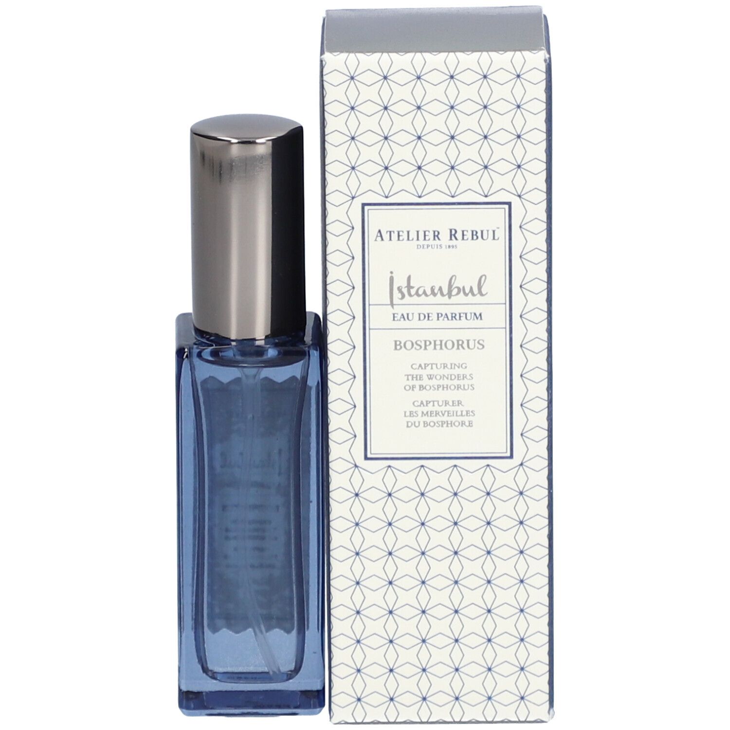 Blaues Parfumflakon mit silbernem Deckel und Verpackung. Aufschrift: Istanbul Bosphorus.