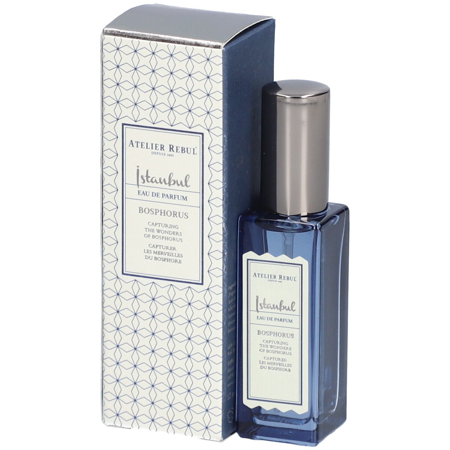 Blaues Parfumflakon mit silbernem Deckel und Verpackung. Aufschrift: Istanbul Bosphorus.