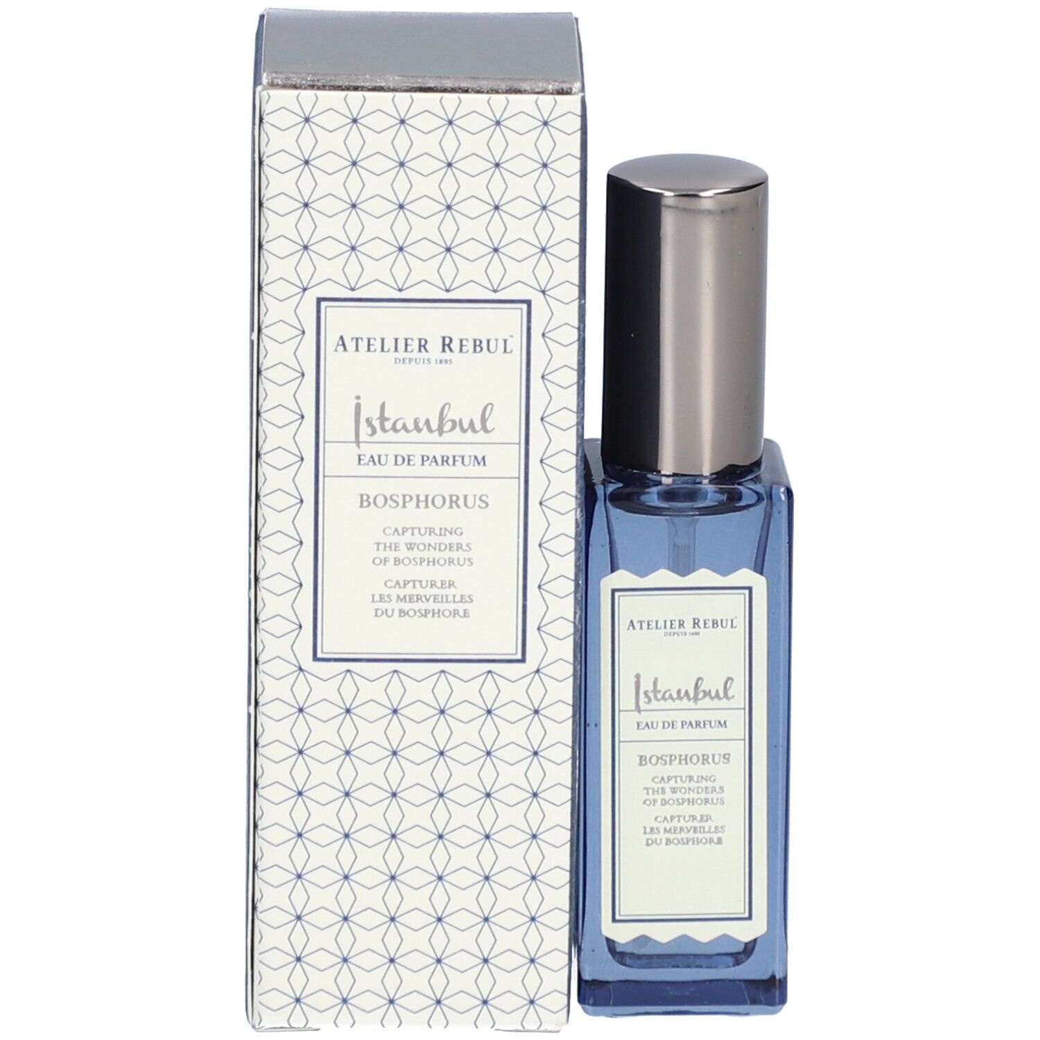 Blaues Parfumflakon mit silbernem Deckel und Verpackung. Aufschrift: Istanbul Bosphorus.