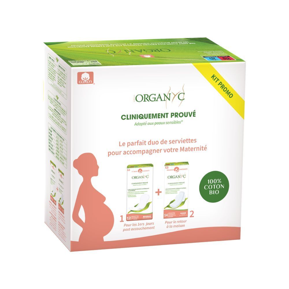 Organyc Mutterschaft Pack. Box mit zwei Packungen Binden. Aufdrucke: Cliniquement Prouvé, 100% Coton Bio.