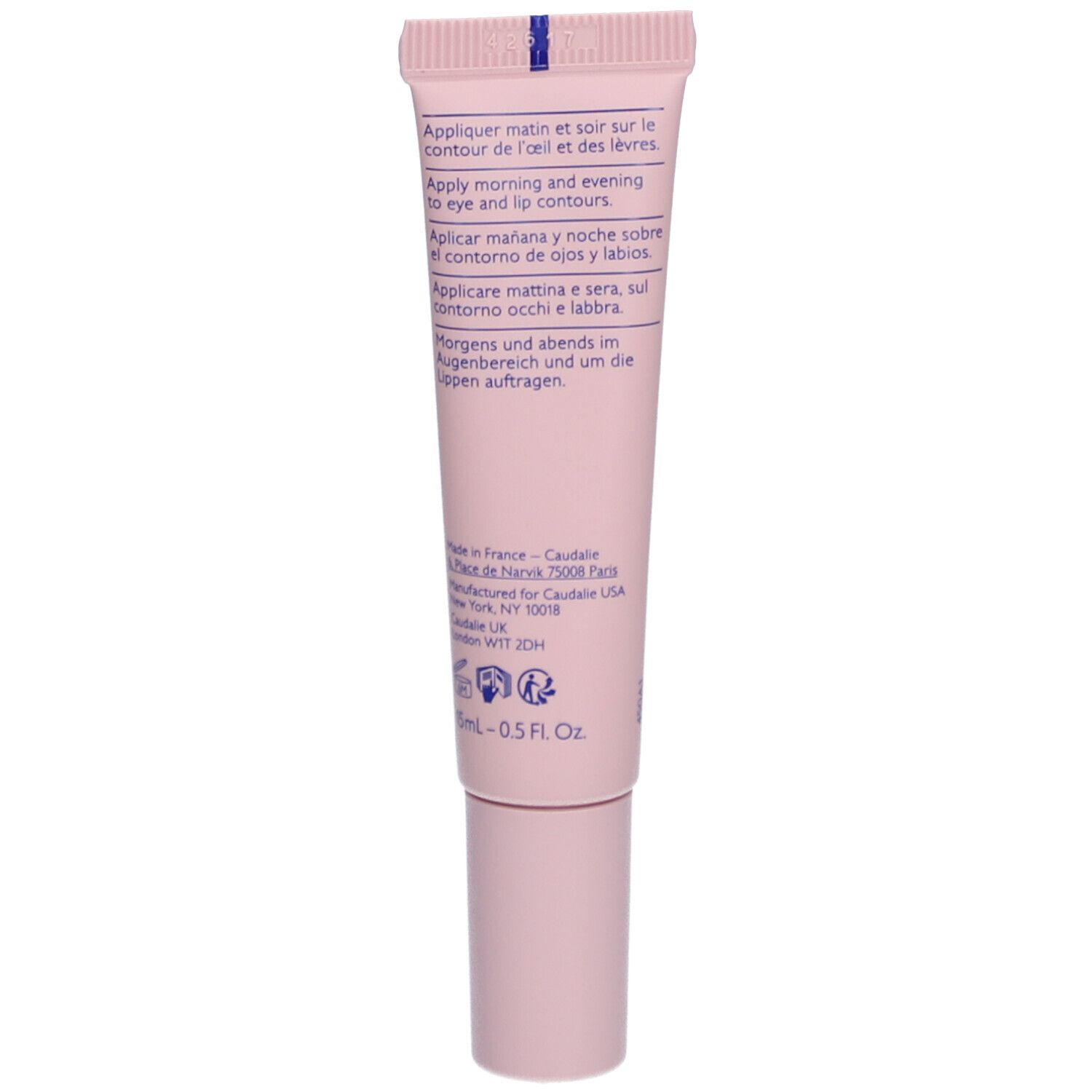 Rückseite der rosa Tube mit Anweisungen in mehreren Sprachen. Caudalie-Logo und Produktinformationen.