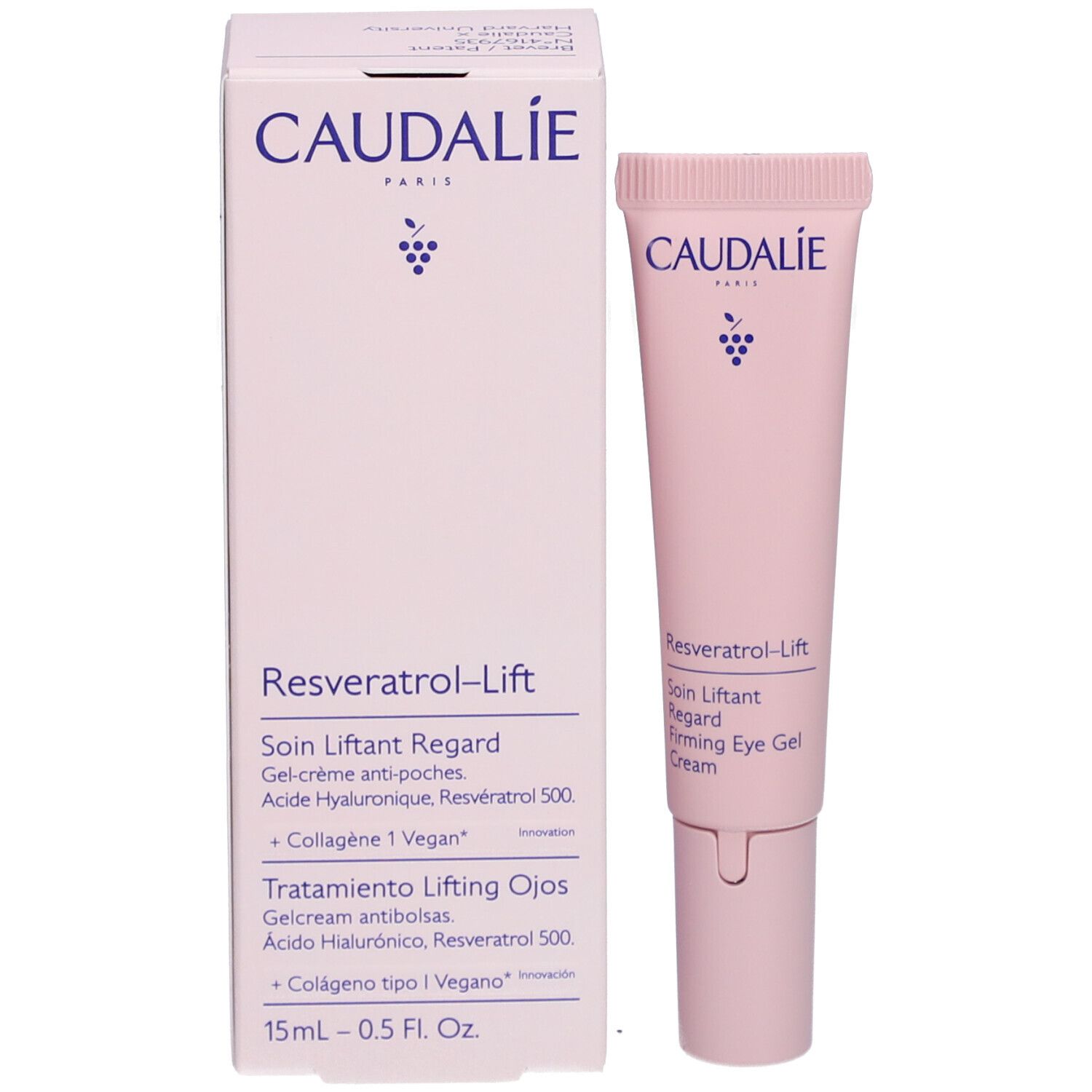 Rosa Schachtel mit Tube. Caudalie Resveratrol-Lift. Produktname und Inhaltsstoffe in mehreren Sprachen.