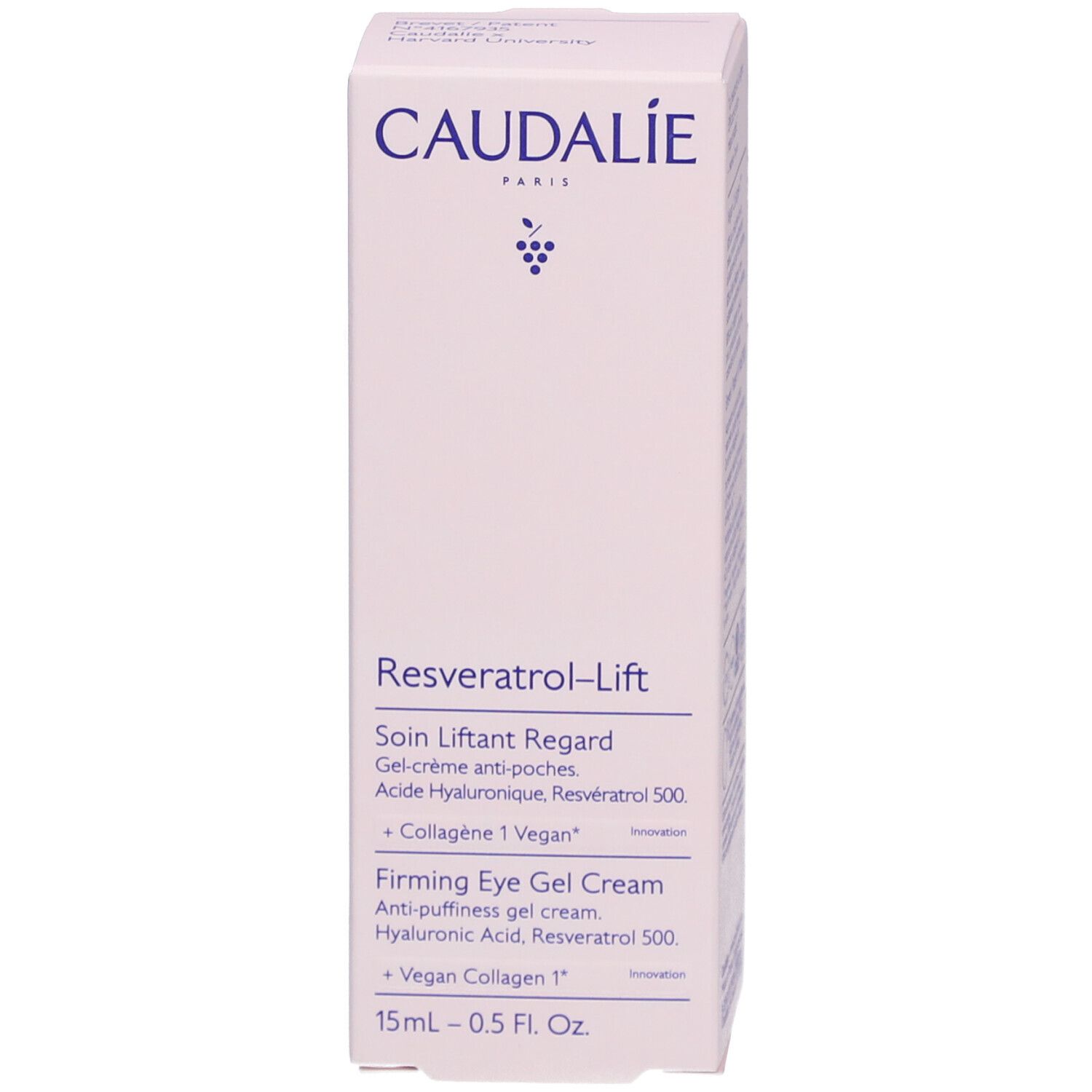Rosa Schachtel mit Caudalie-Logo und Produktbezeichnung Resveratrol-Lift. Inhaltsstoffe und Informationen.
