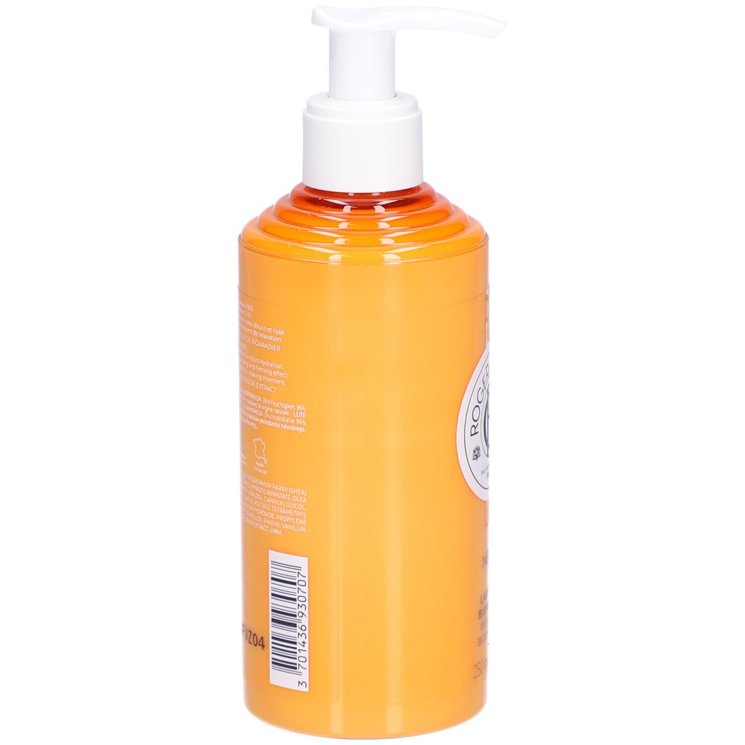 Gelbe Flasche mit Pumpe. Rückseite mit Text und Barcode.