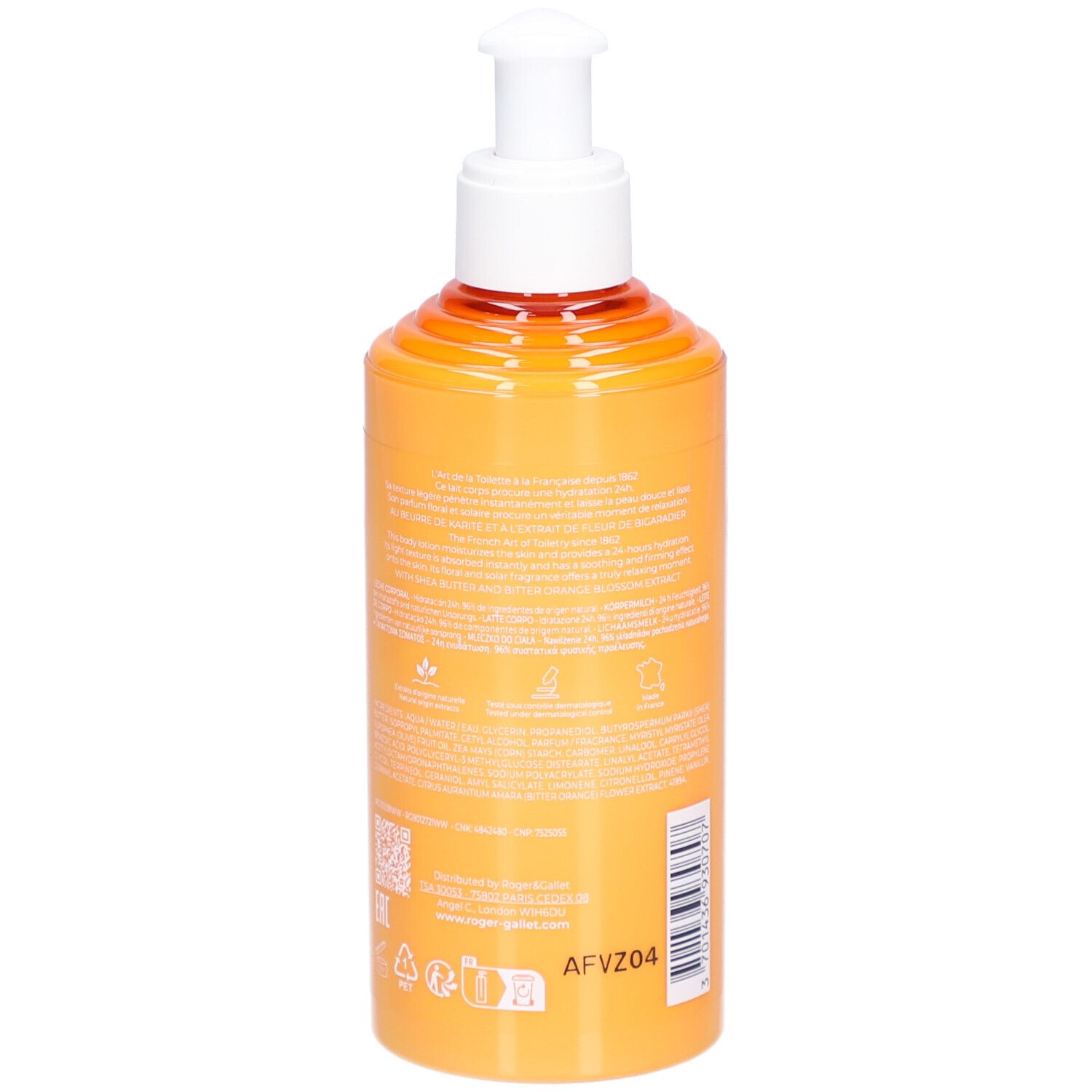 Gelbe Flasche mit Pumpe. Rückseite mit Text und Symbolen.