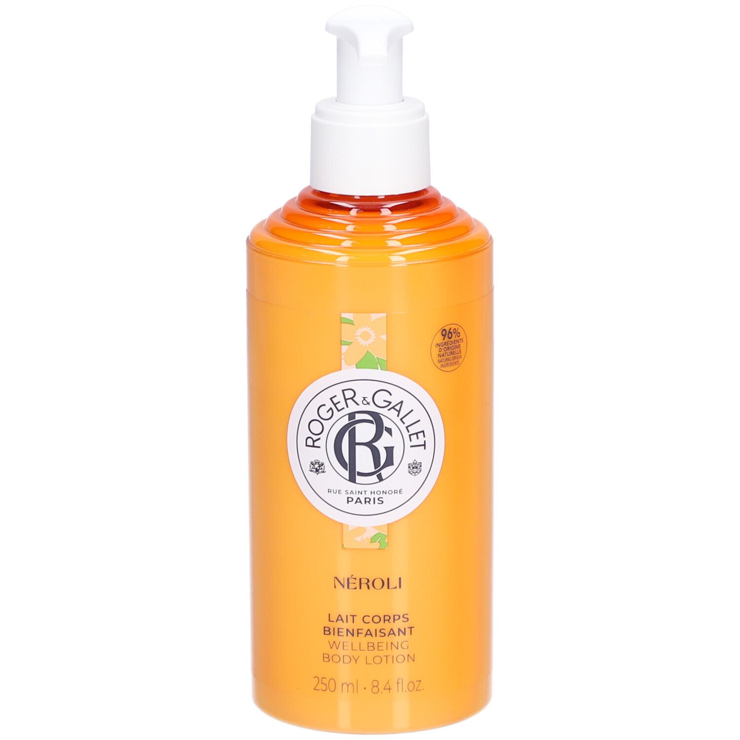 Gelbe Flasche mit Pumpe. Roger & Gallet Néroli Bodylotion. Text und Logo.