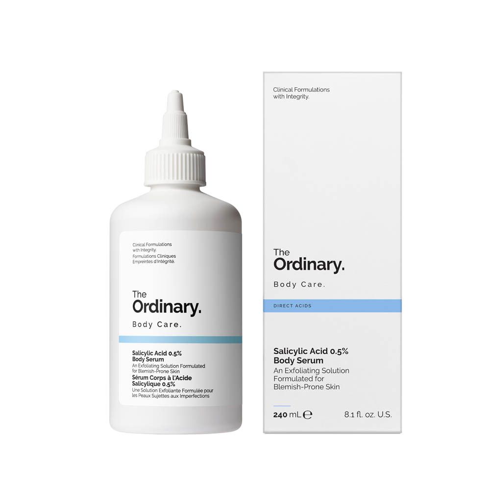 Produktflasche und Verpackung. Aufschrift: The Ordinary. Salicylic Acid 0.5% Body Serum. 240 ml.