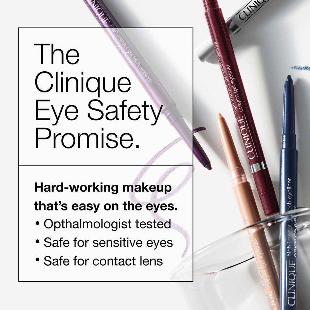 Verschiedene Eyeliner-Stifte. Text: Clinique Eye Safety Promise. Ophthalmologisch getest, sicher für empfindliche Augen.