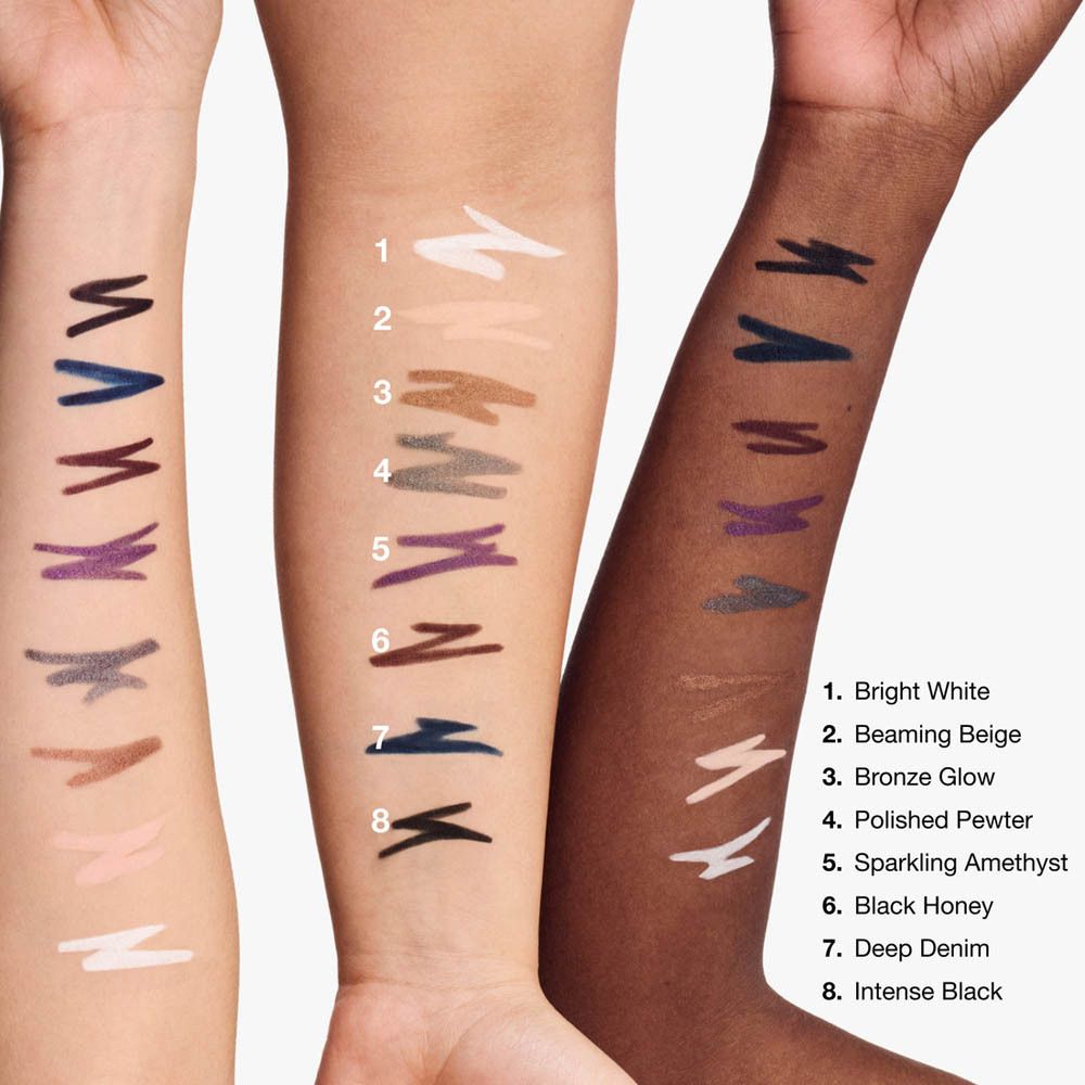 Arme mit Eyeliner-Strichen in verschiedenen Farben. Text: 8 Farben, darunter Polished Pewter.