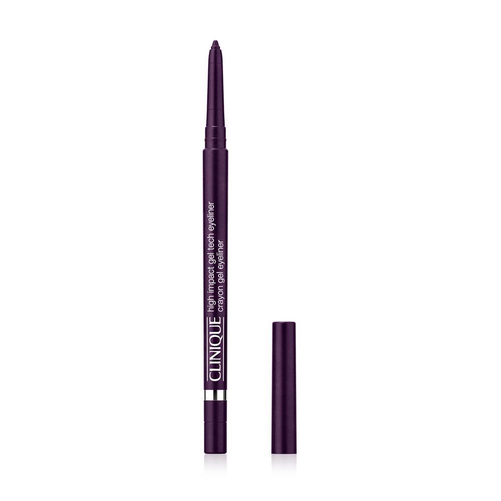Eyeliner-Stift, dunkelviolett. Aufschrift: High Impact Gel Tech Eyeliner, Clinique. Mit Kappe.