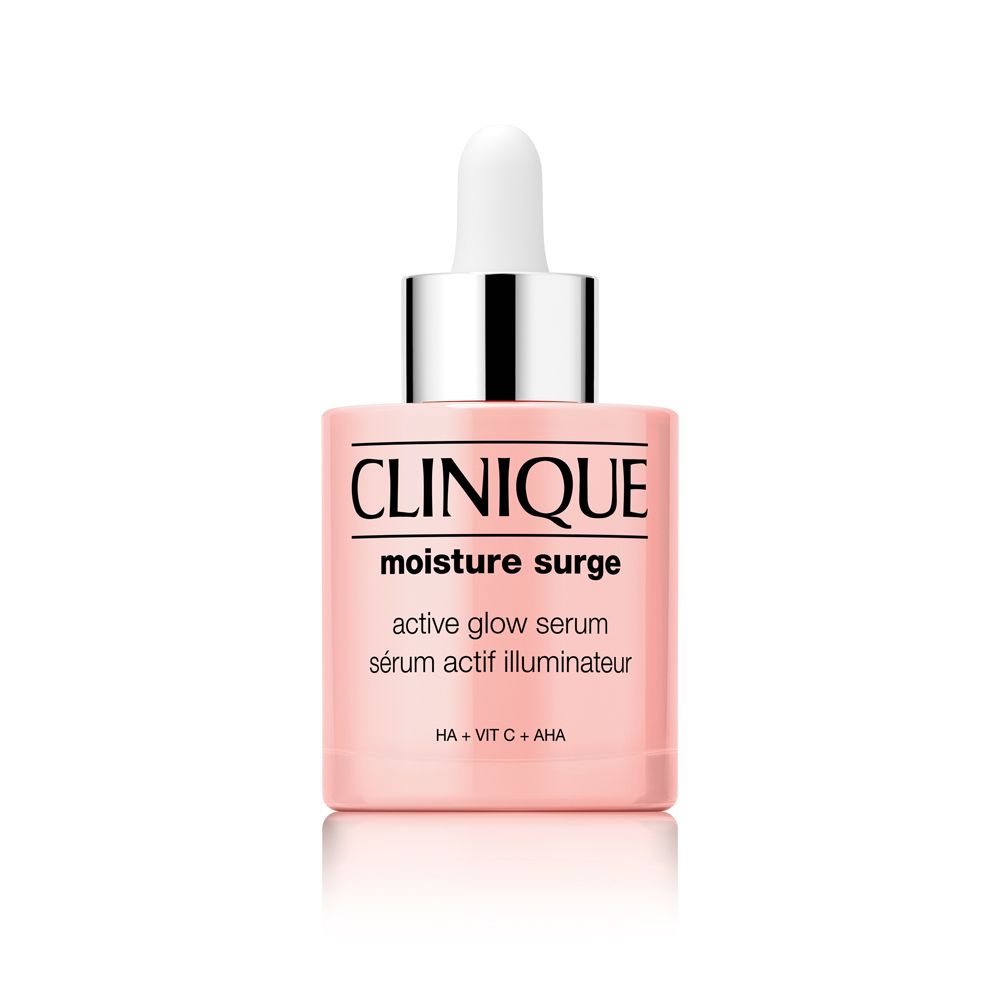 Rosa Flasche mit weißem Tropfer. Schriftzug CLINIQUE, Moisture Surge, active glow serum. HA + VIT C + AHA.