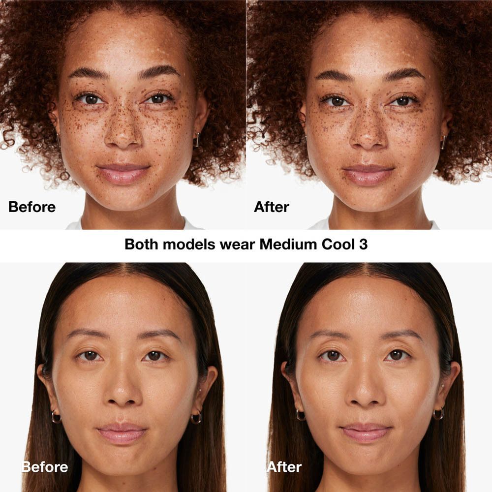 Vorher-Nachher-Vergleich. Modelle mit Clinique Even Better Clinical Vitamin Makeup.