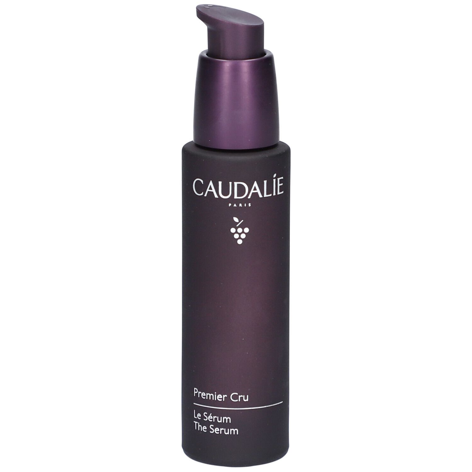 Dunkelviolette Flasche mit Pumpe. Caudalie-Logo und Produktbezeichnung Premier Cru Serum.