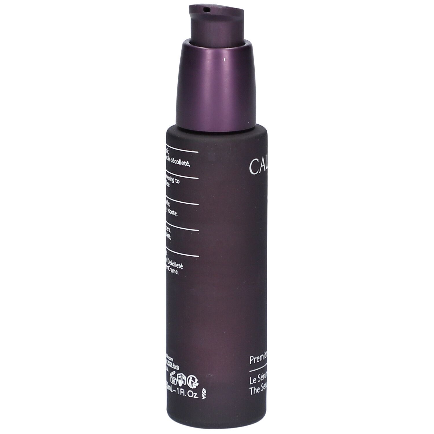 Dunkelviolette Flasche mit Pumpe. Rückseite mit Produktinformationen und Text.