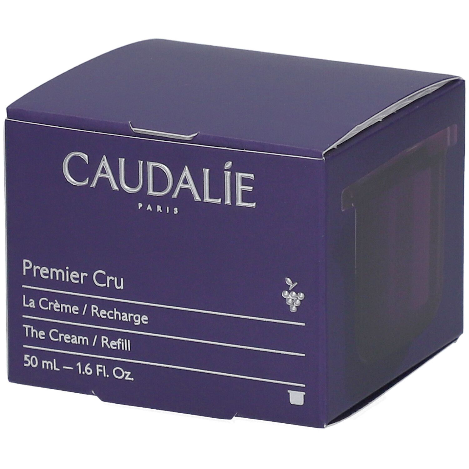 Caudalie Premier Cru Creme Recharge. Lila Karton mit Produktinformationen. 50 ml. Caudalie-Logo.