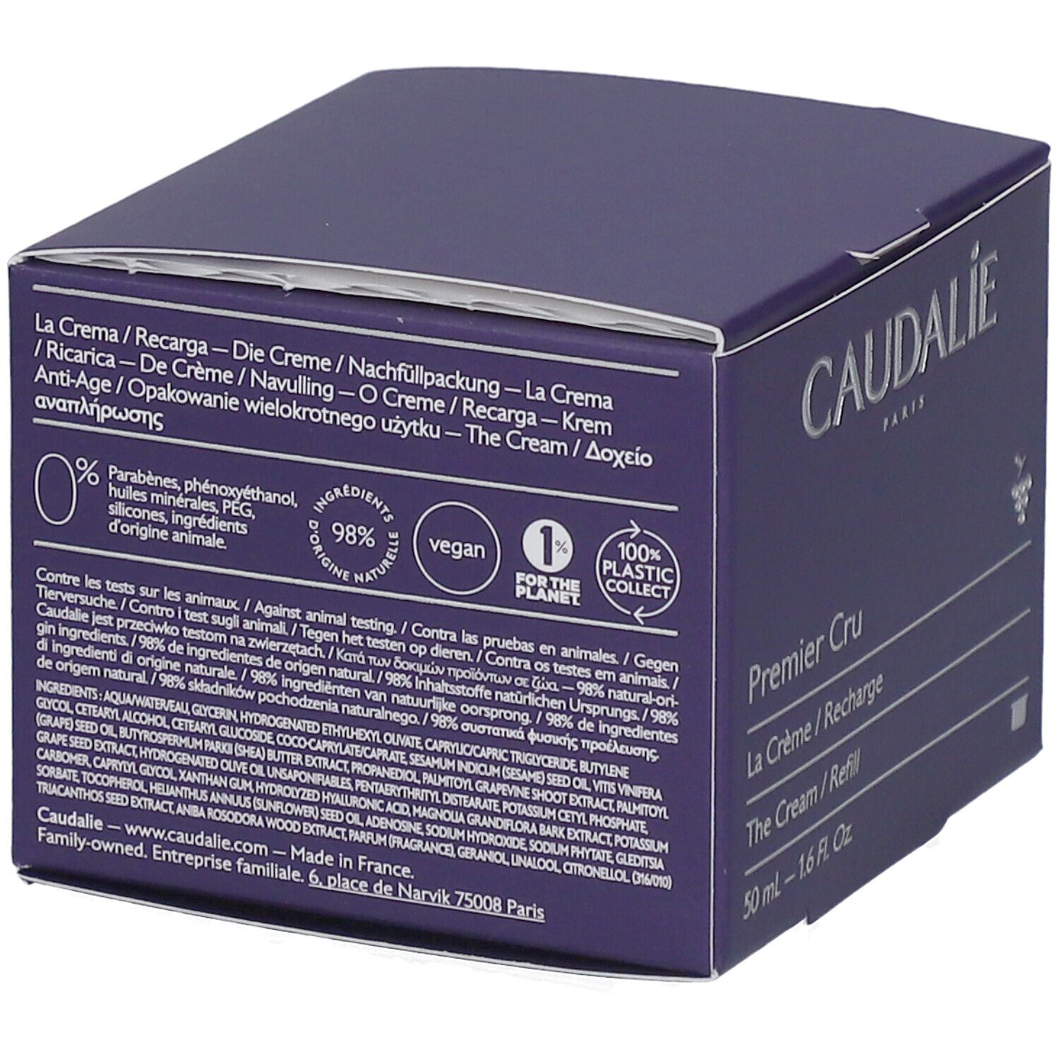 Caudalie Premier Cru Creme Recharge. Rückseite der Verpackung mit Inhaltsstoffen, Zertifizierungen und Informationen.