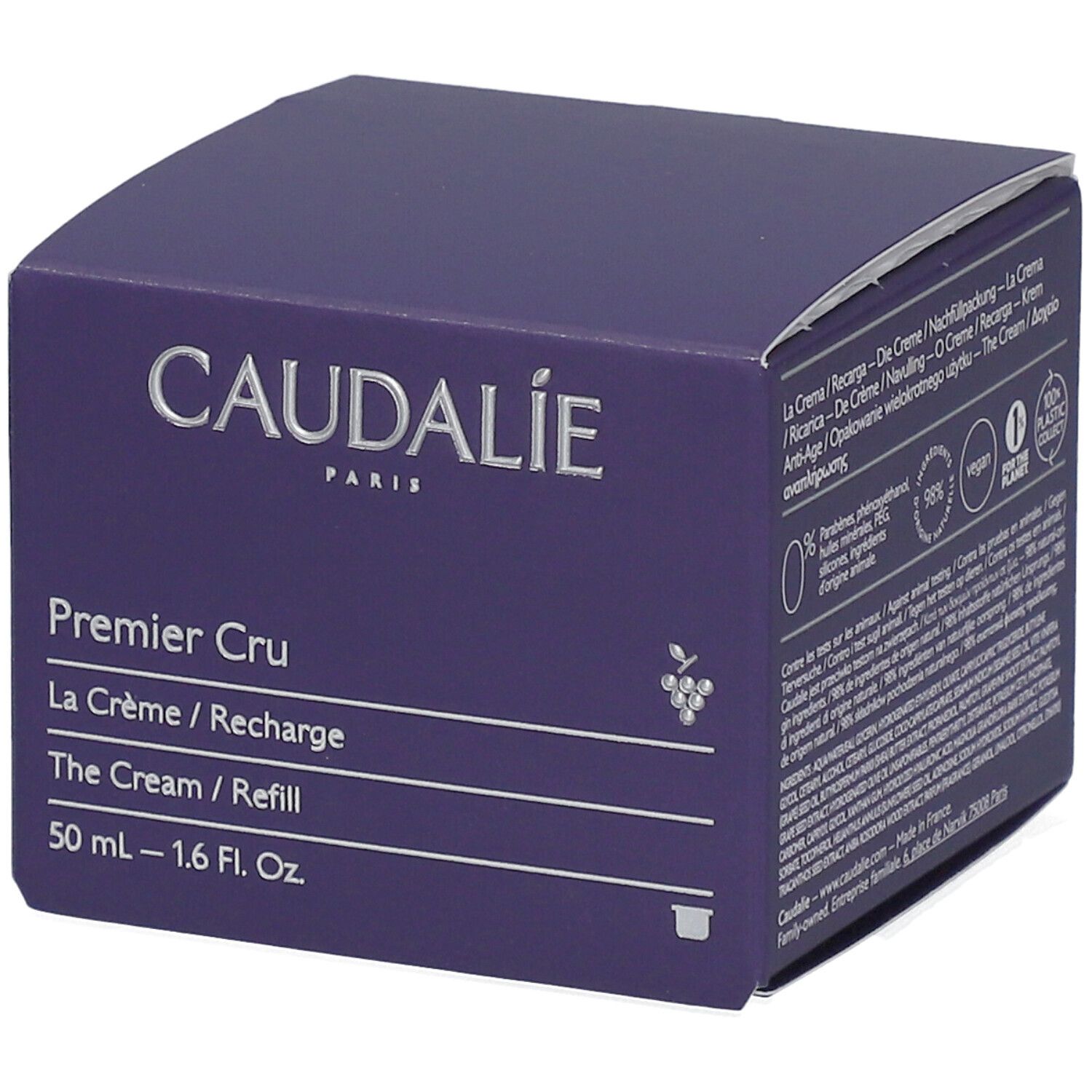 Caudalie Premier Cru Creme Recharge. Lila Karton mit Produktinformationen. 50 ml. Caudalie-Logo.