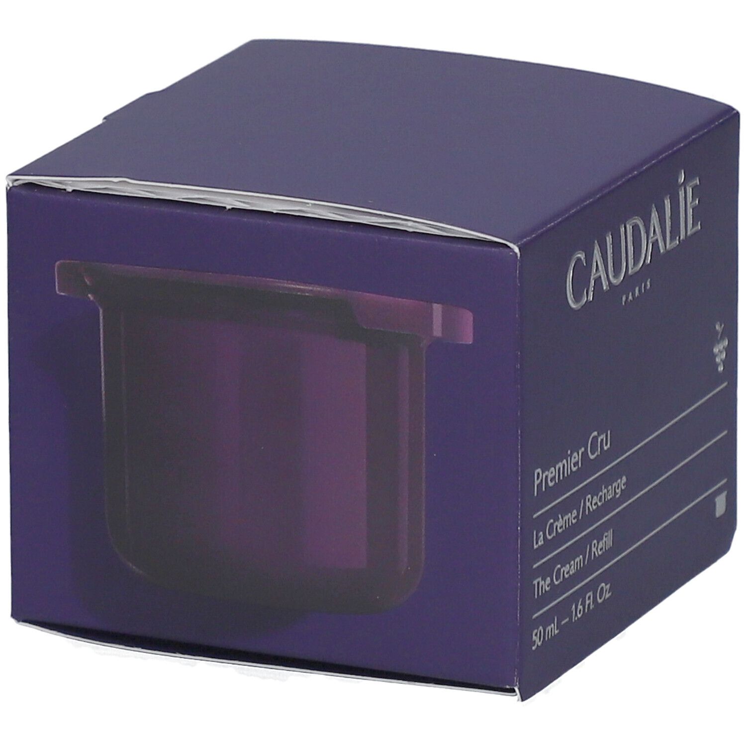 Caudalie Premier Cru Creme Recharge. Lila Tiegel in der Verpackung. Deckel sichtbar. Produktansicht.