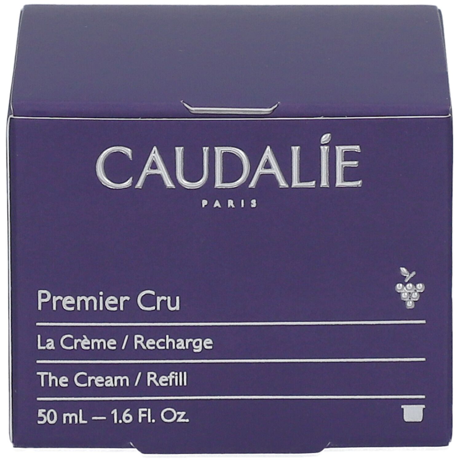 Caudalie Premier Cru Creme Recharge. Lila Karton mit Produktinformationen. 50 ml. Caudalie-Logo.