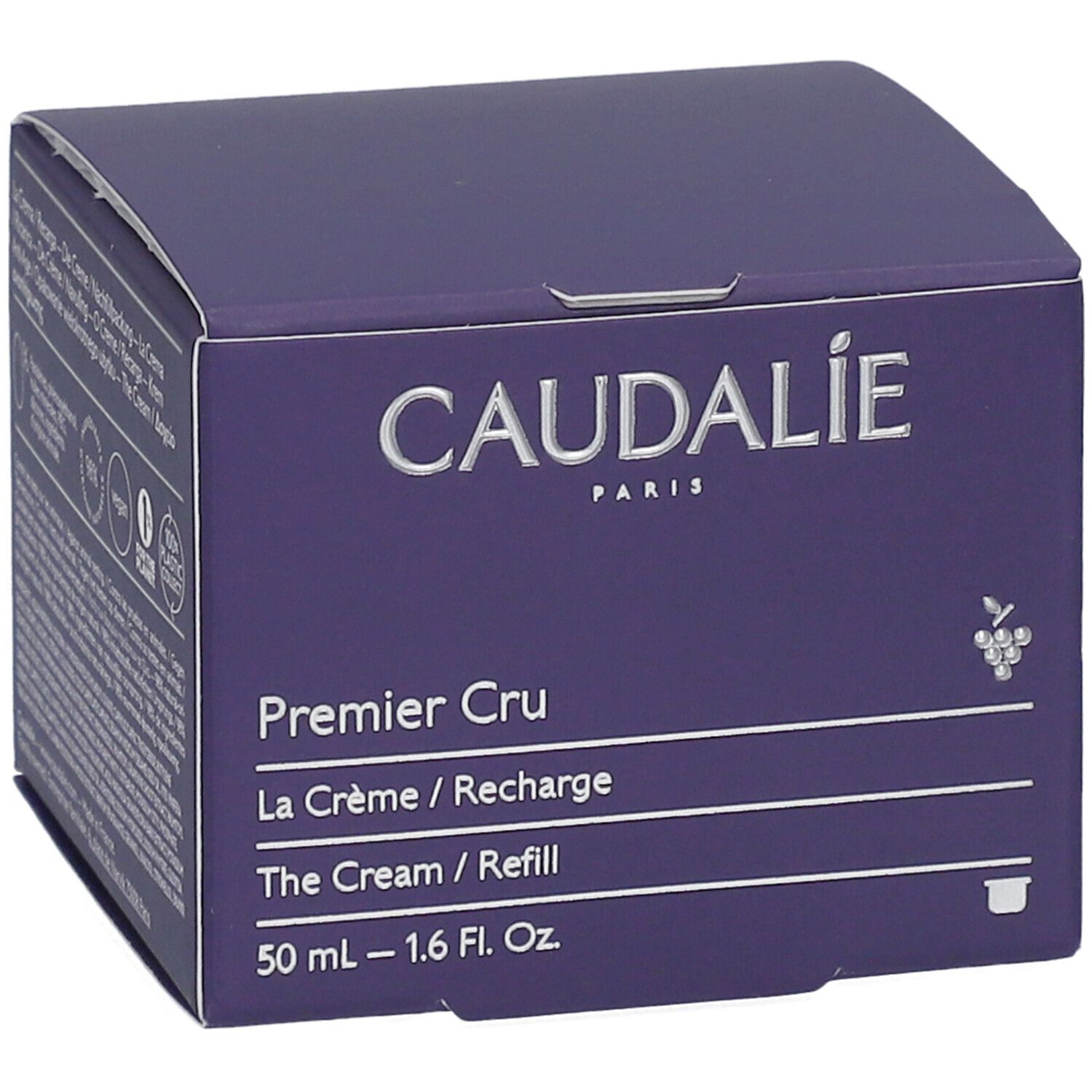 Caudalie Premier Cru Creme Recharge. Lila Karton mit Produktinformationen. 50 ml. Caudalie-Logo.