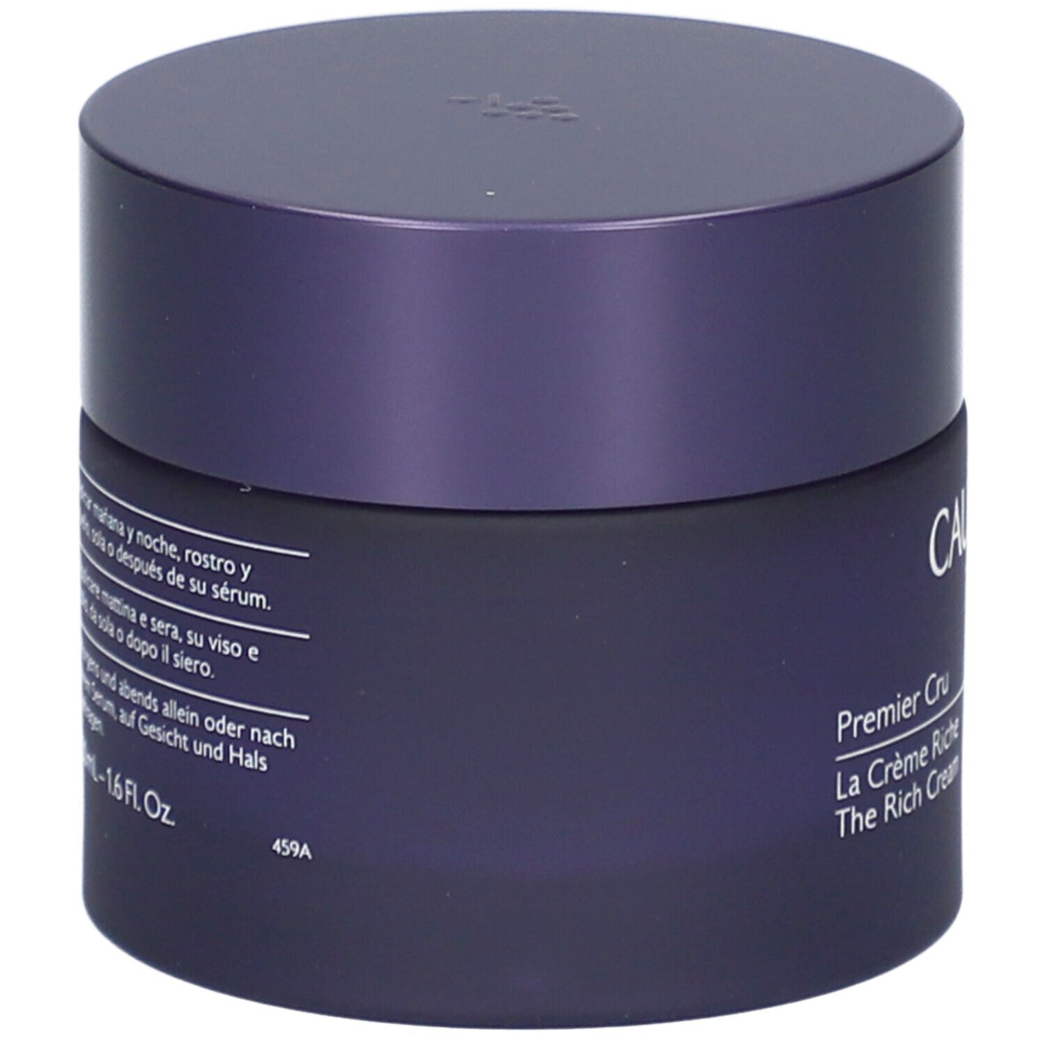 Dunkelblaue Creme-Dose mit Deckel. Aufschrift: Premier Cru, La Crème Riche, The Rich Cream. Seitlich Text.