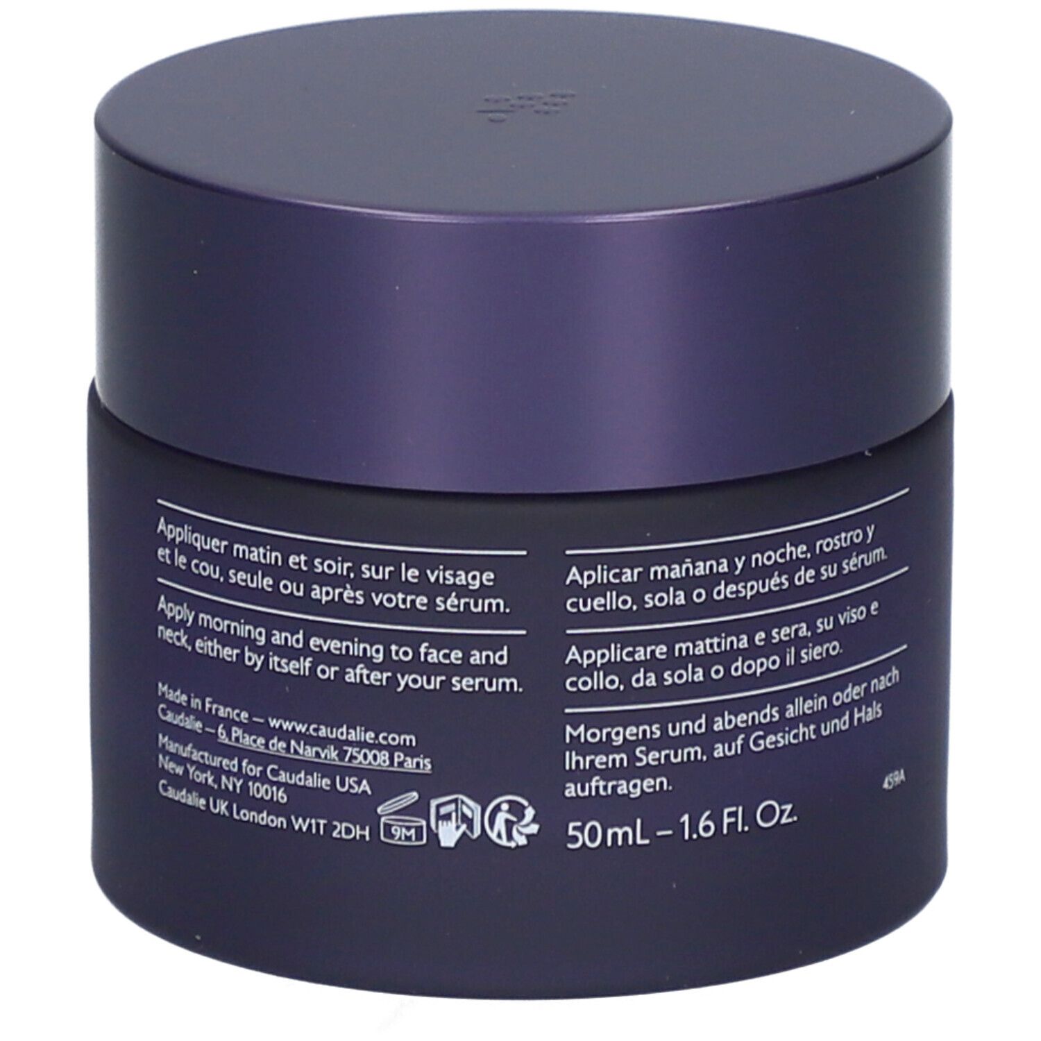 Dunkelblaue Creme-Dose mit Deckel. Text in mehreren Sprachen. Aufschrift: 50ml - 1.6 Fl. Oz.