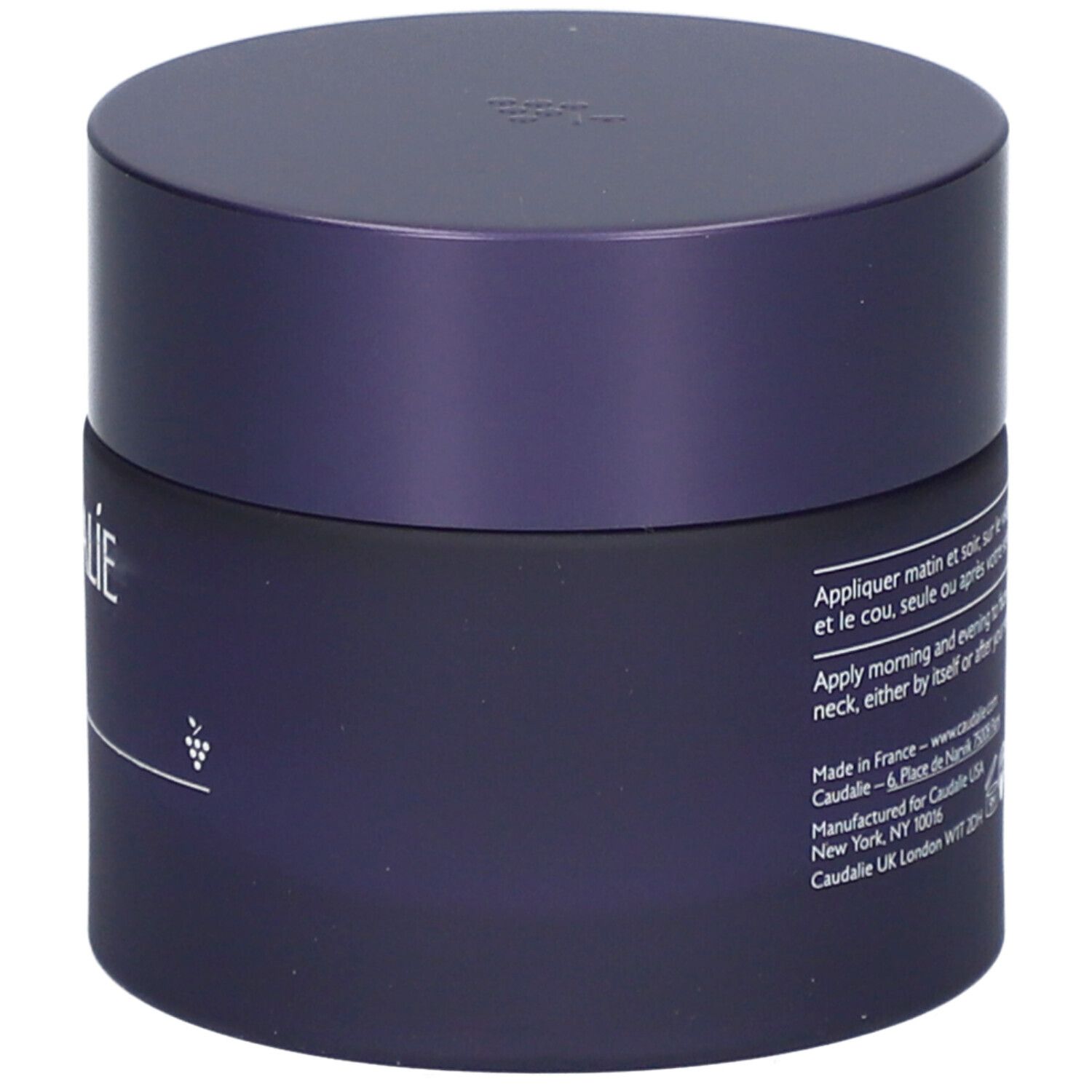 Dunkelblaue Creme-Dose mit Deckel. Aufschrift: Caudalie. Seitlich Text und Logo.