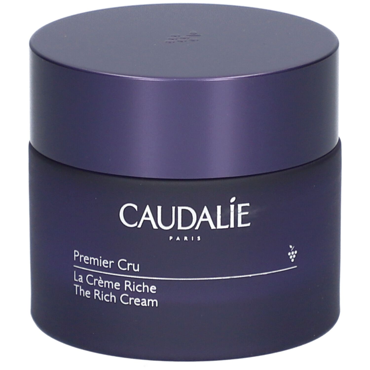Dunkelblaue Creme-Dose mit Deckel. Aufschrift: Caudalie, Premier Cru, La Crème Riche, The Rich Cream.