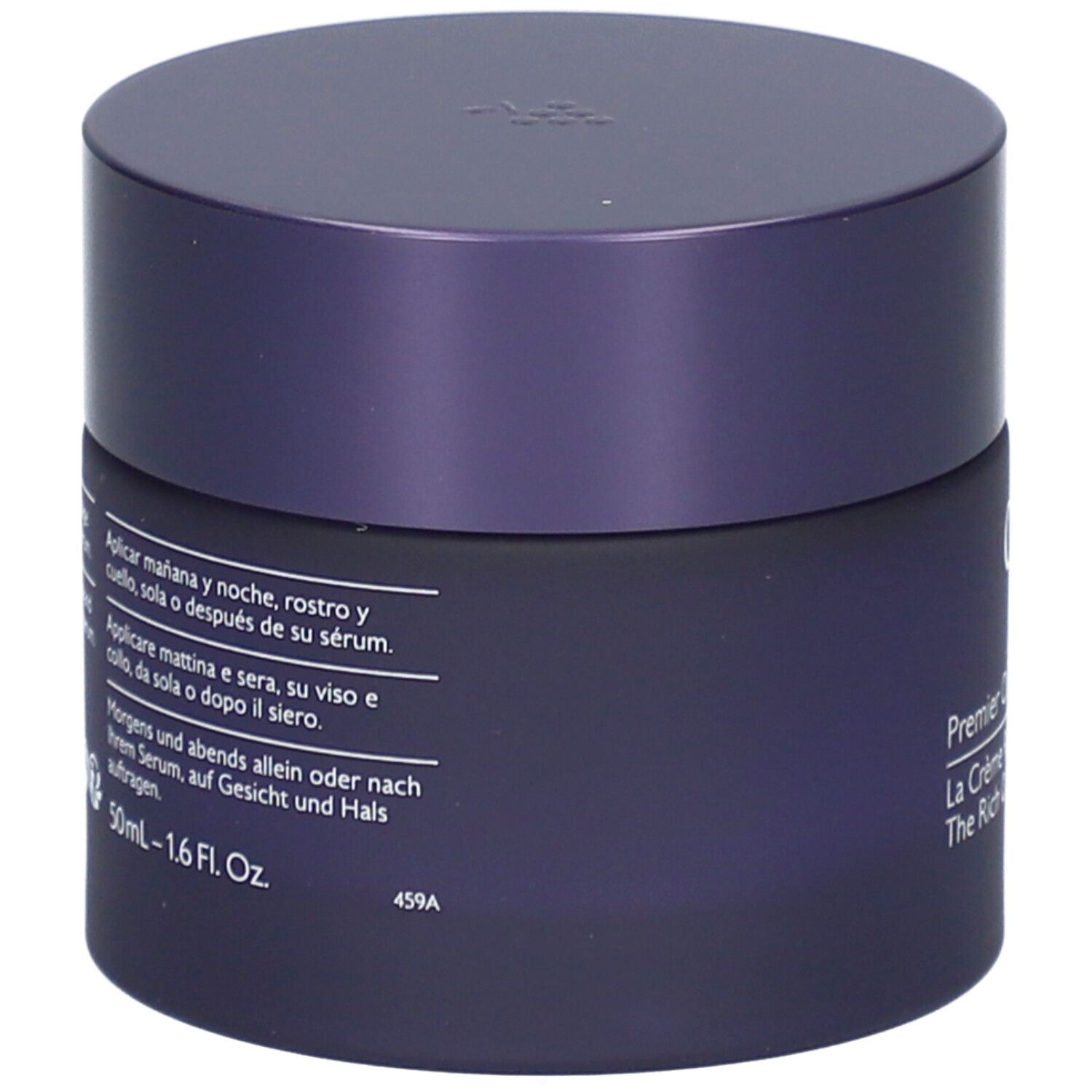 Dunkelblaue Creme-Dose mit Deckel. Aufschrift: Caudalie, Premier Cru, La Crème Riche, The Rich Cream. Text.