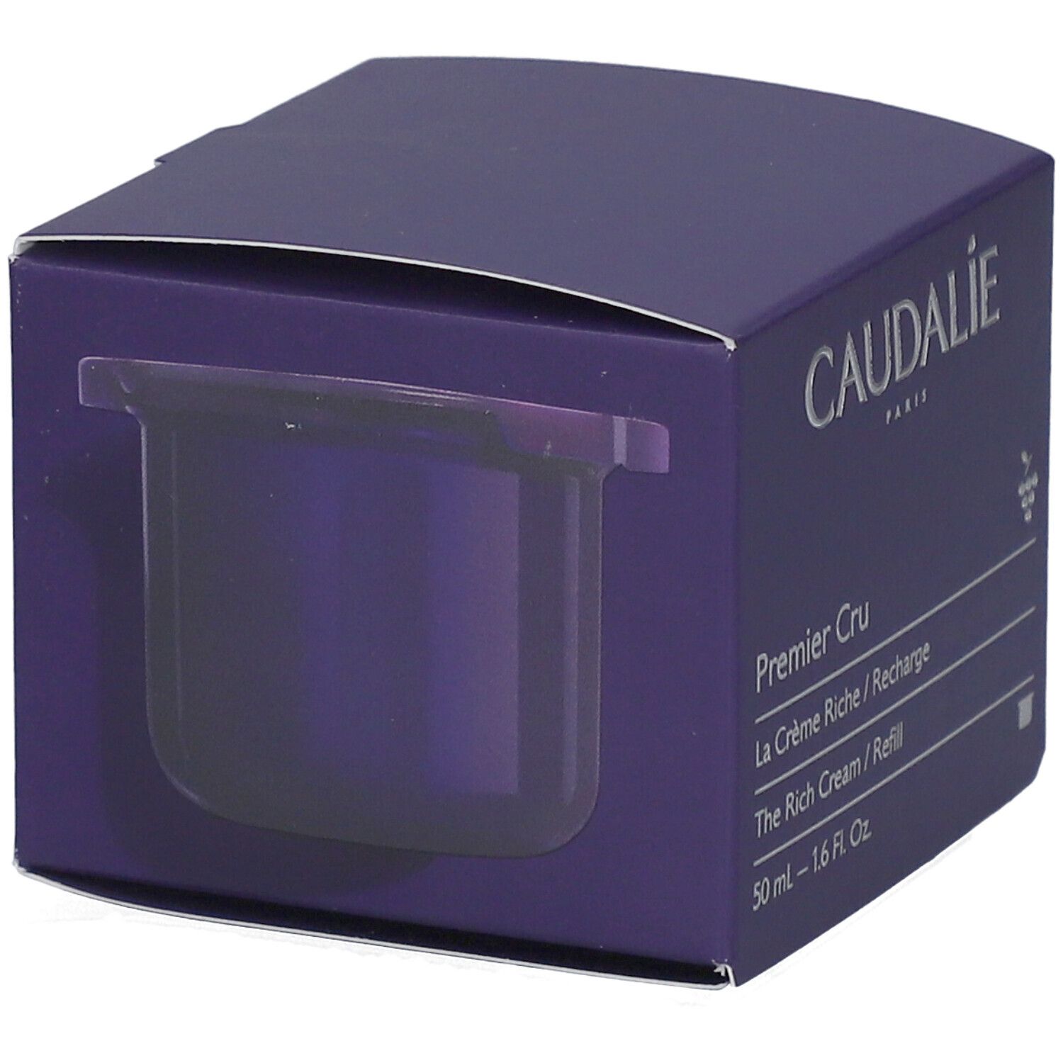 Dunkelviolette Kartonverpackung mit einem dunkelvioletten Tiegel. Aufschrift: Caudalie, Premier Cru, La Crème Riche / Recharge, The Rich Cream / Refill.